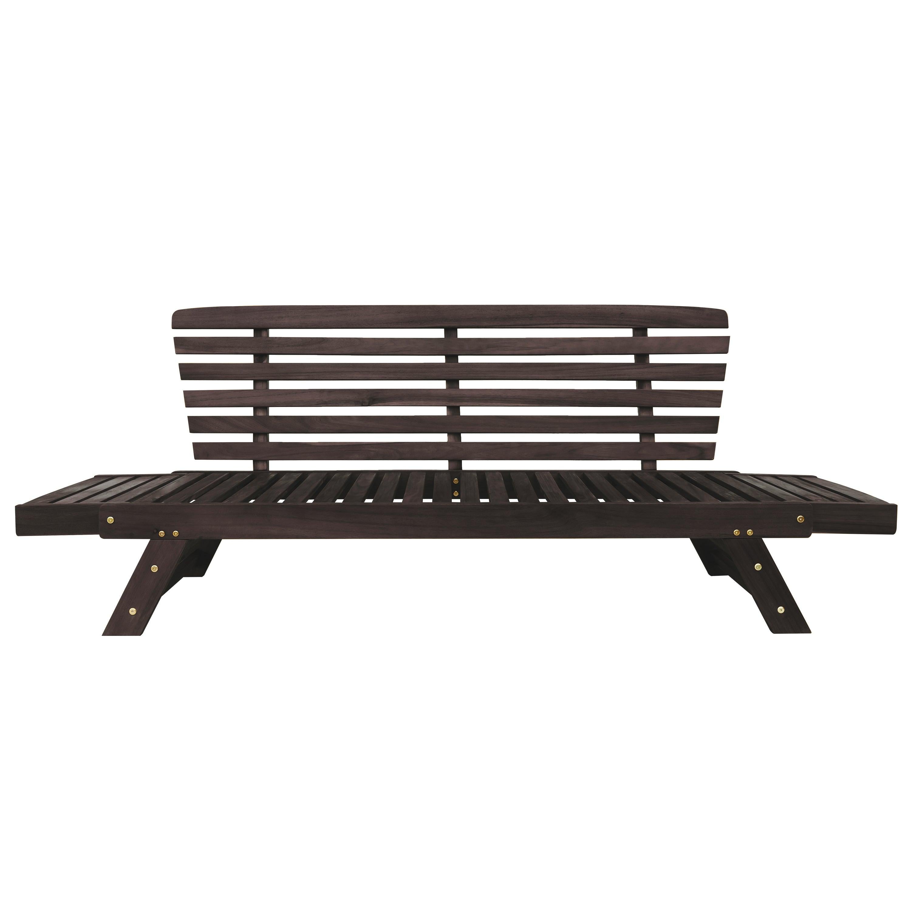 Outdoor Adjustable Patio Wooden Daybed Sofa Chaise Lounge with Cushions for Small Places, Brown FinishandGray Cushion