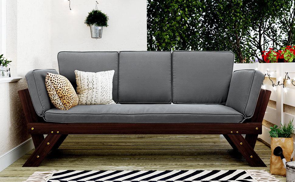 Outdoor Adjustable Patio Wooden Daybed Sofa Chaise Lounge with Cushions for Small Places, Brown FinishandGray Cushion