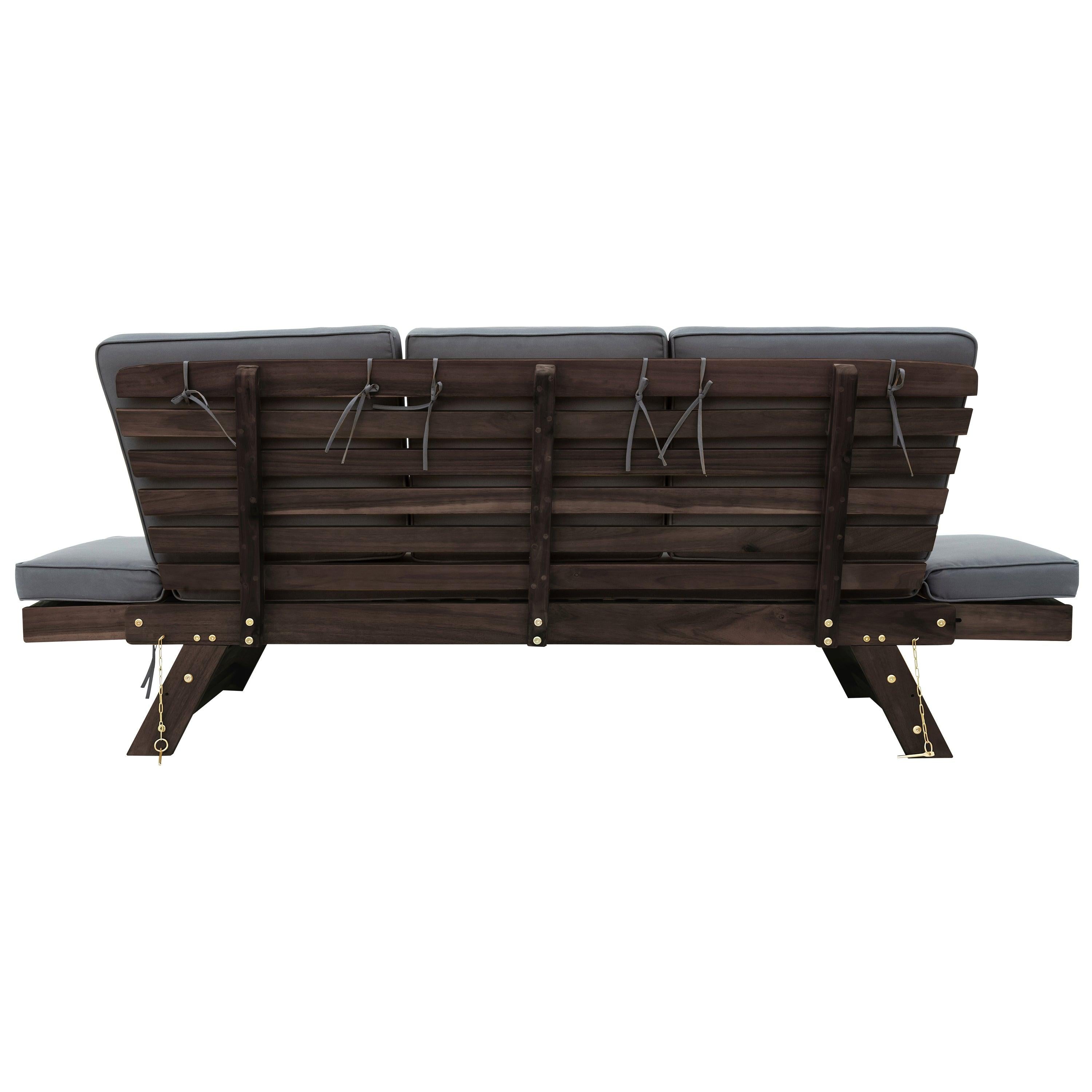 Outdoor Adjustable Patio Wooden Daybed Sofa Chaise Lounge with Cushions for Small Places, Brown FinishandGray Cushion