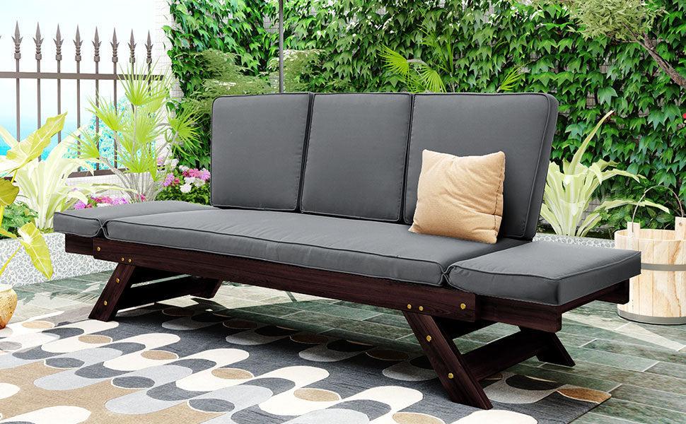 Outdoor Adjustable Patio Wooden Daybed Sofa Chaise Lounge with Cushions for Small Places, Brown FinishandGray Cushion