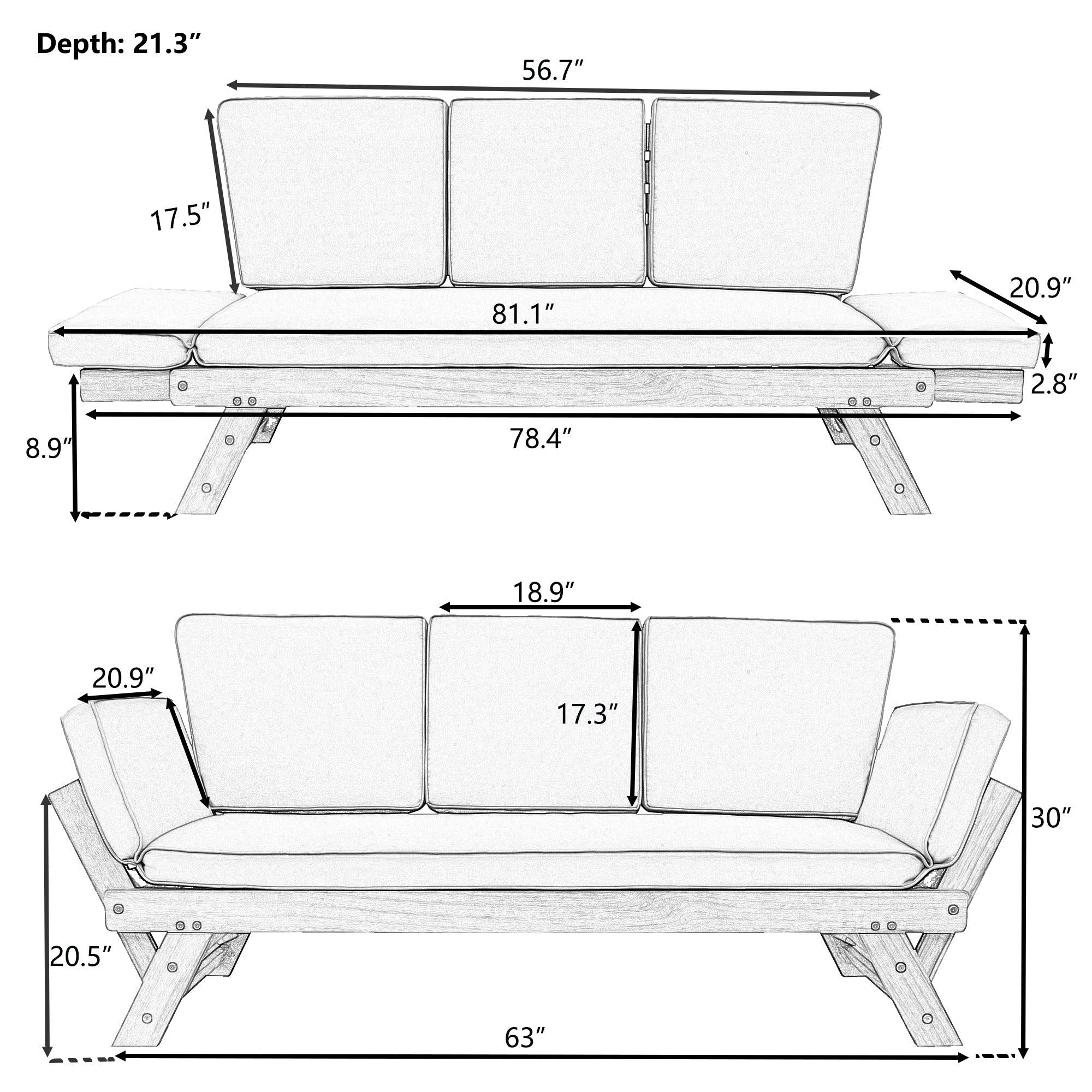 Outdoor Adjustable Patio Wooden Daybed Sofa Chaise Lounge with Cushions for Small Places, Brown FinishandGray Cushion