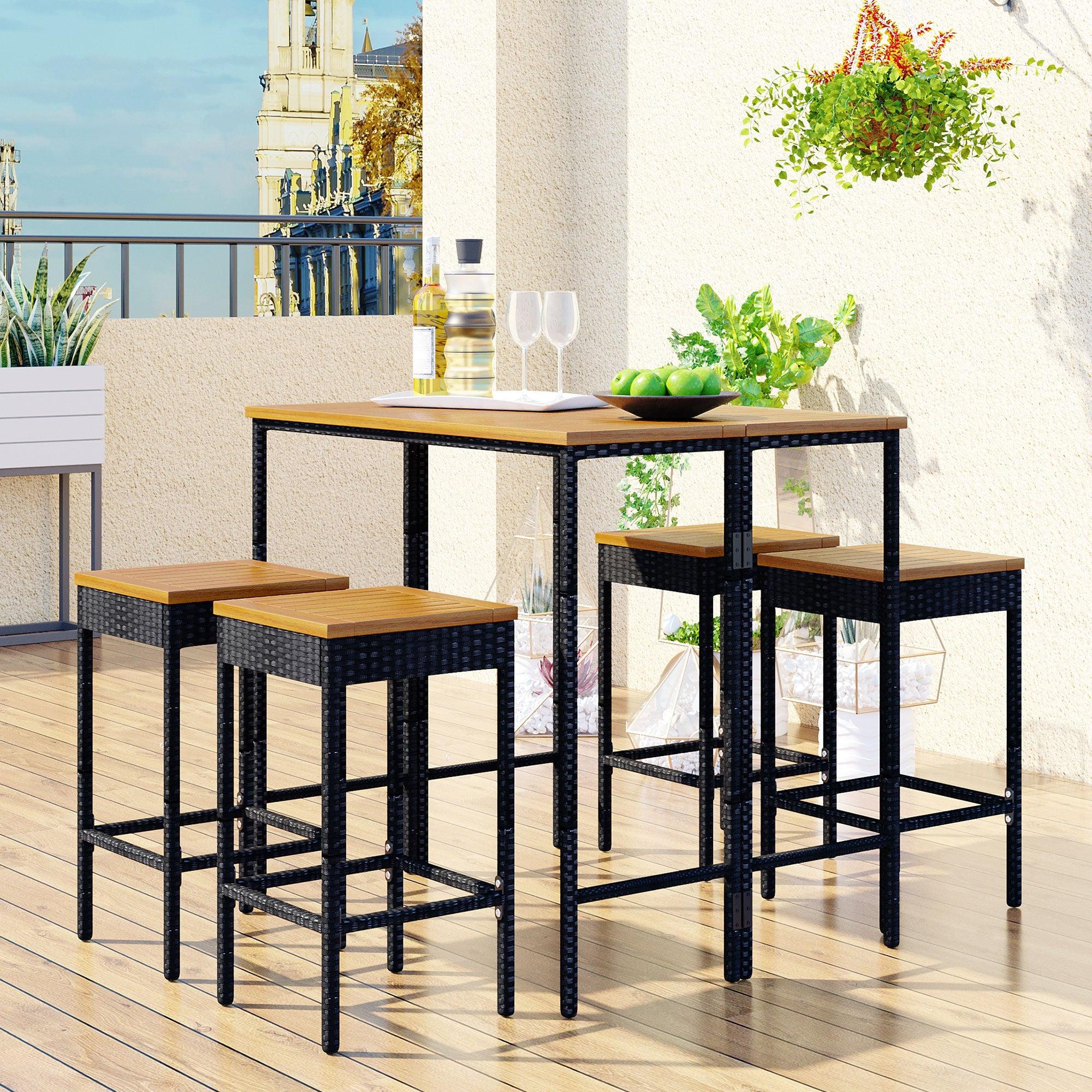 5 PCS Outdoor Patio Wicker Bar Set, Garden PE Rattan Wicker Dining Table, Square Stool Set, Foldable Tabletop, Acacia Wood Tabletop, High-Dining Bistro Set with 4 Stools And 1 Wood Table, Brown