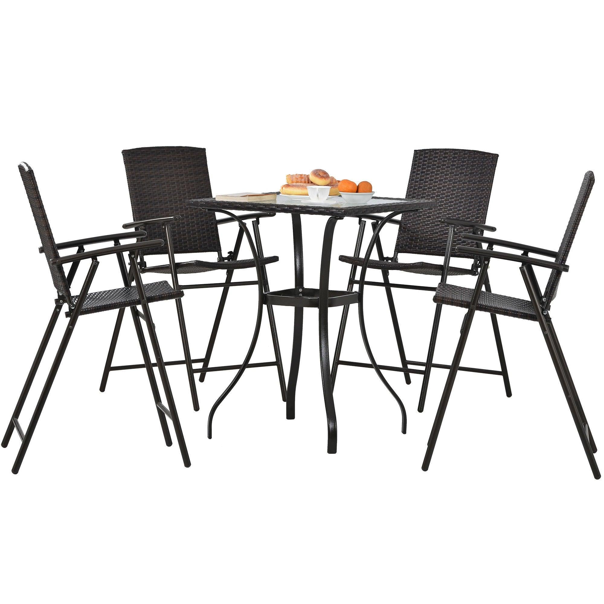 Outdoor Patio PE Wicker 5 PCS Counter Height Dining Table Set with Umbrella Hole and  4 Foldable Chairs, Brown