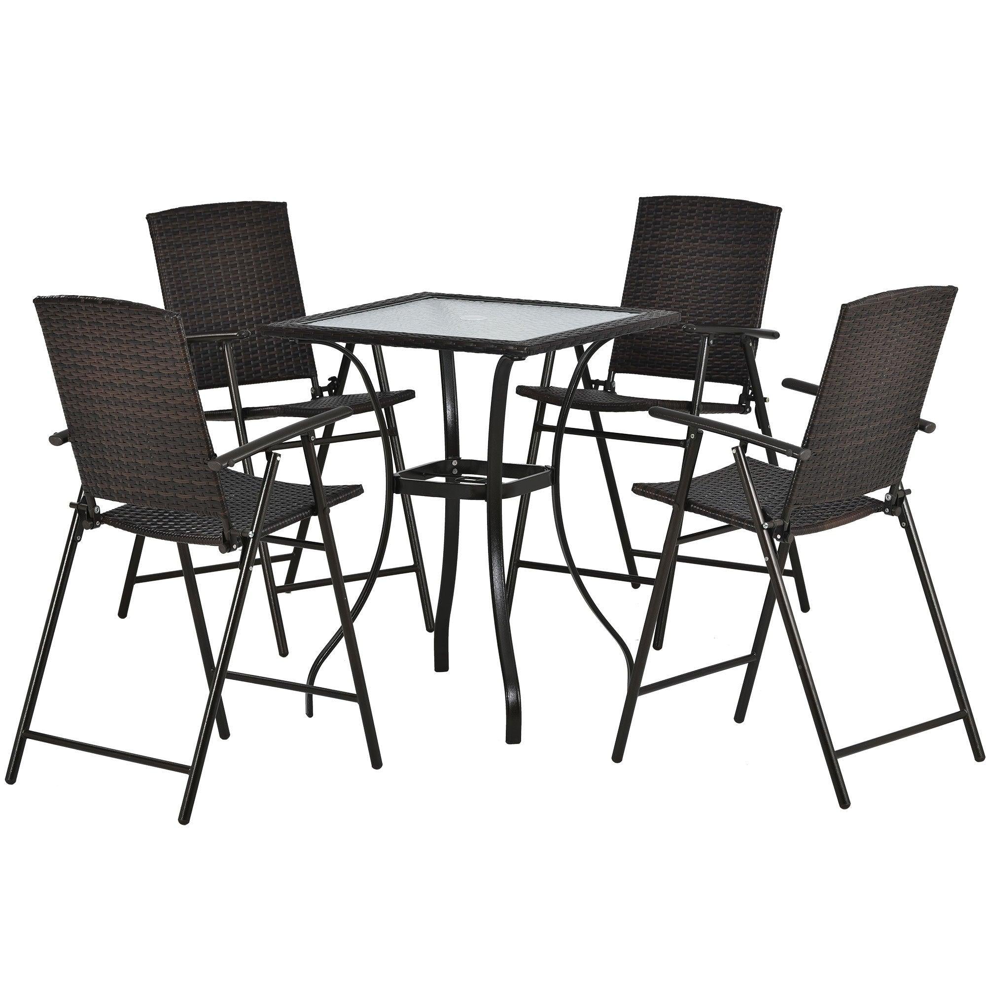 Outdoor Patio PE Wicker 5 PCS Counter Height Dining Table Set with Umbrella Hole and  4 Foldable Chairs, Brown