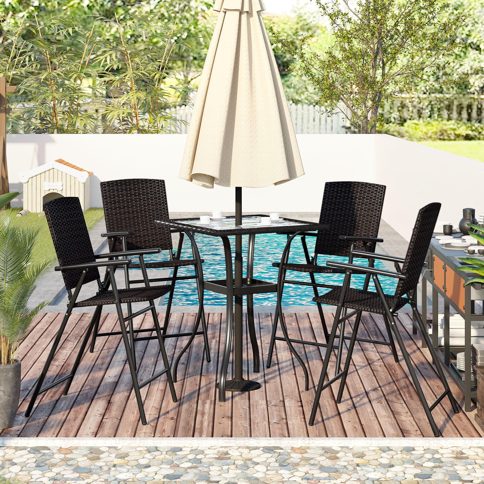 Outdoor Patio PE Wicker 5 PCS Counter Height Dining Table Set with Umbrella Hole and  4 Foldable Chairs, Brown