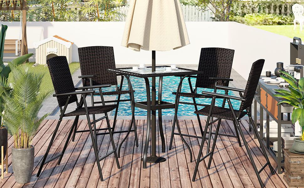 Outdoor Patio PE Wicker 5 PCS Counter Height Dining Table Set with Umbrella Hole and  4 Foldable Chairs, Brown