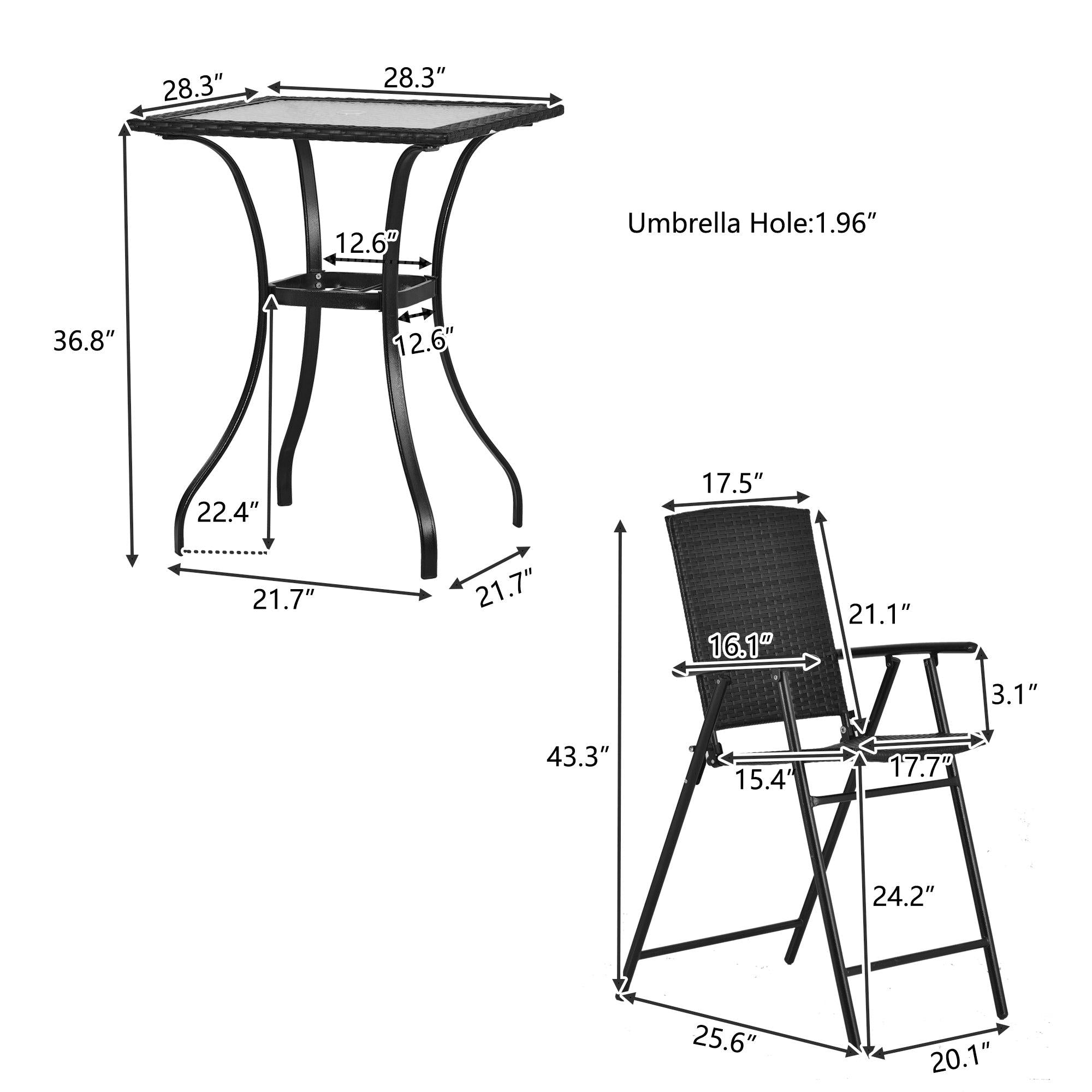 Outdoor Patio PE Wicker 5 PCS Counter Height Dining Table Set with Umbrella Hole and  4 Foldable Chairs, Brown