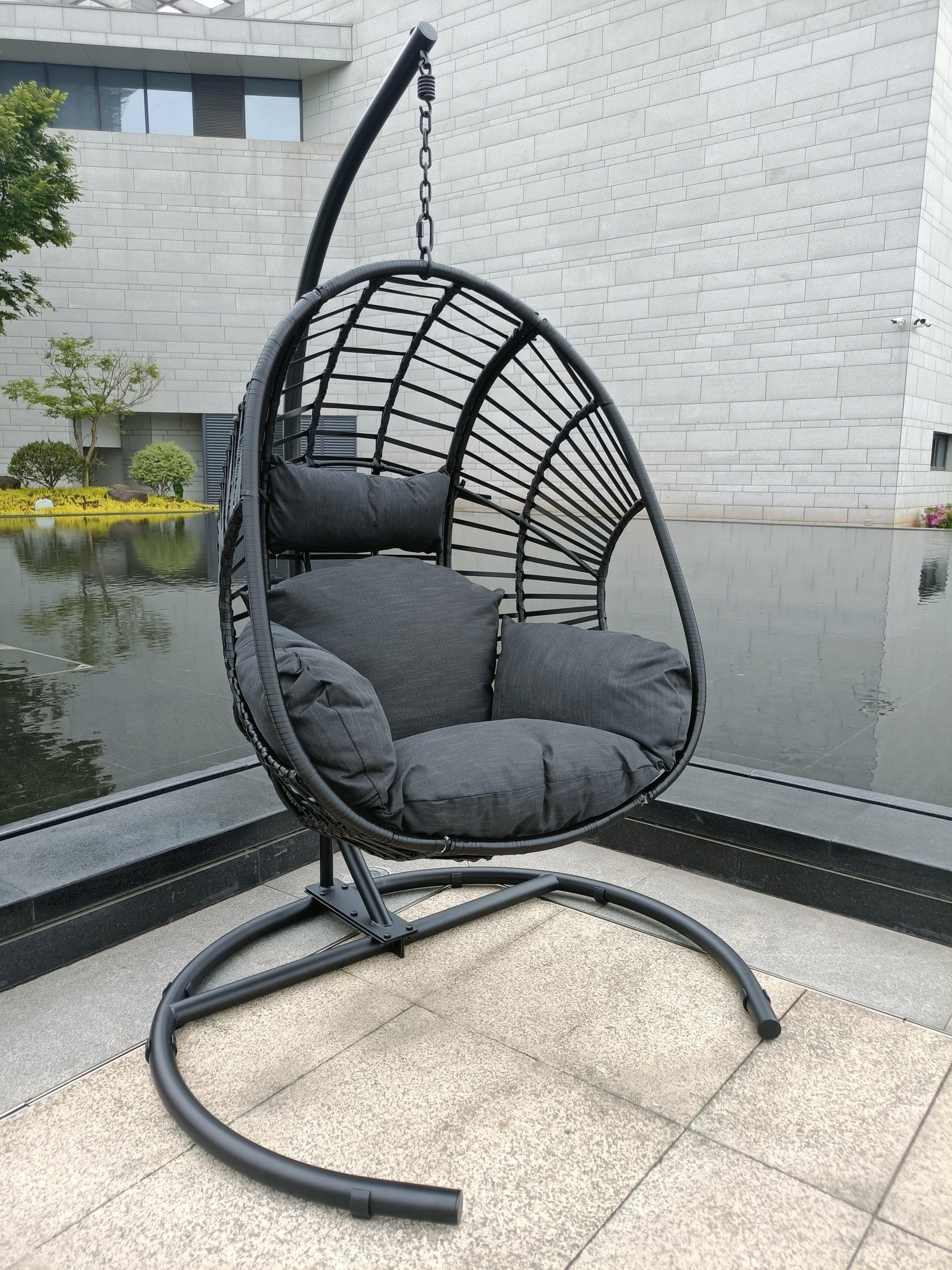 High Quality Outdoor Indoor Black color PE Wicker Swing Egg chair with Antracite Color Cushion And Black Color Base image