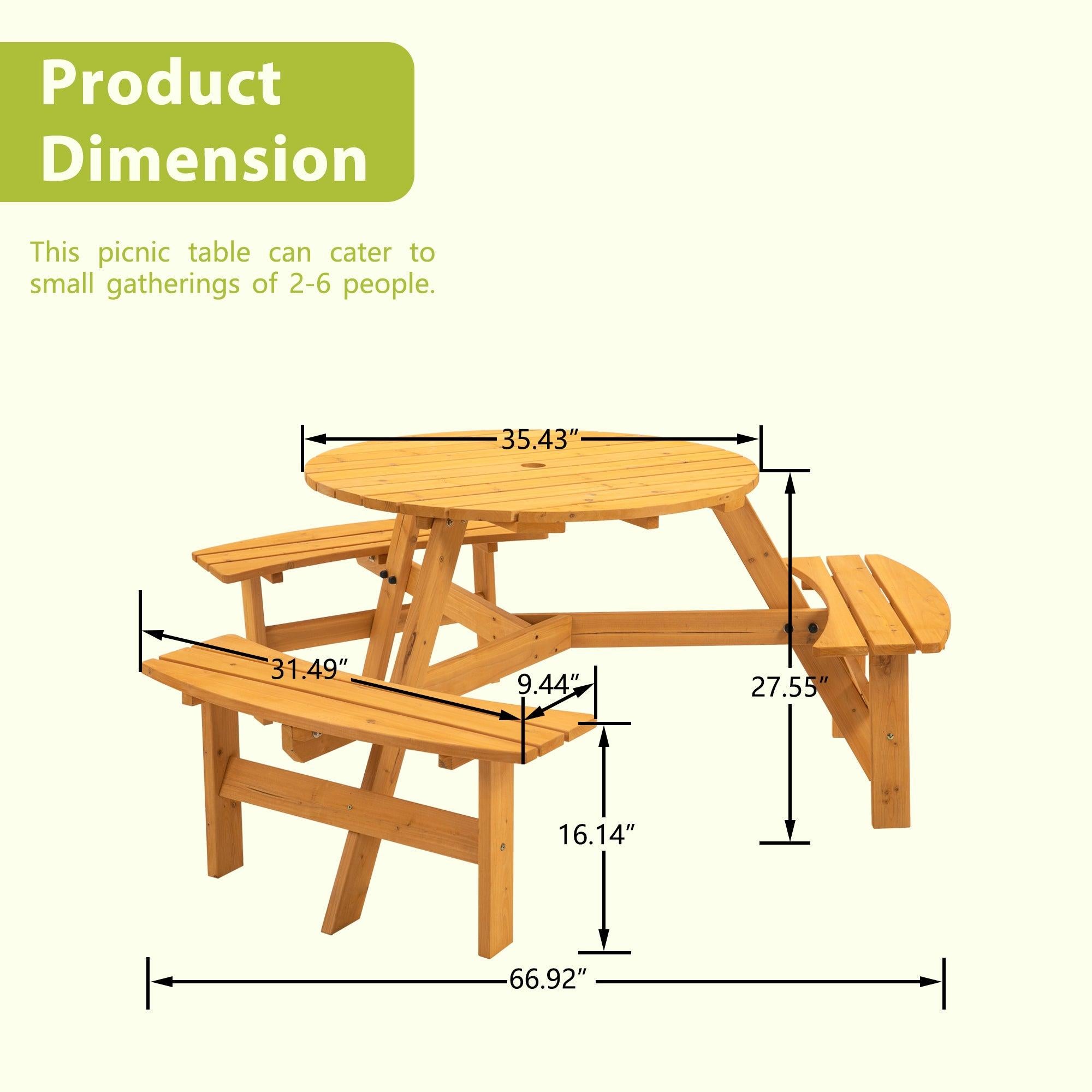 6-Person Circular Outdoor Wooden Picnic Table with 3 Built-in Benches - Natural