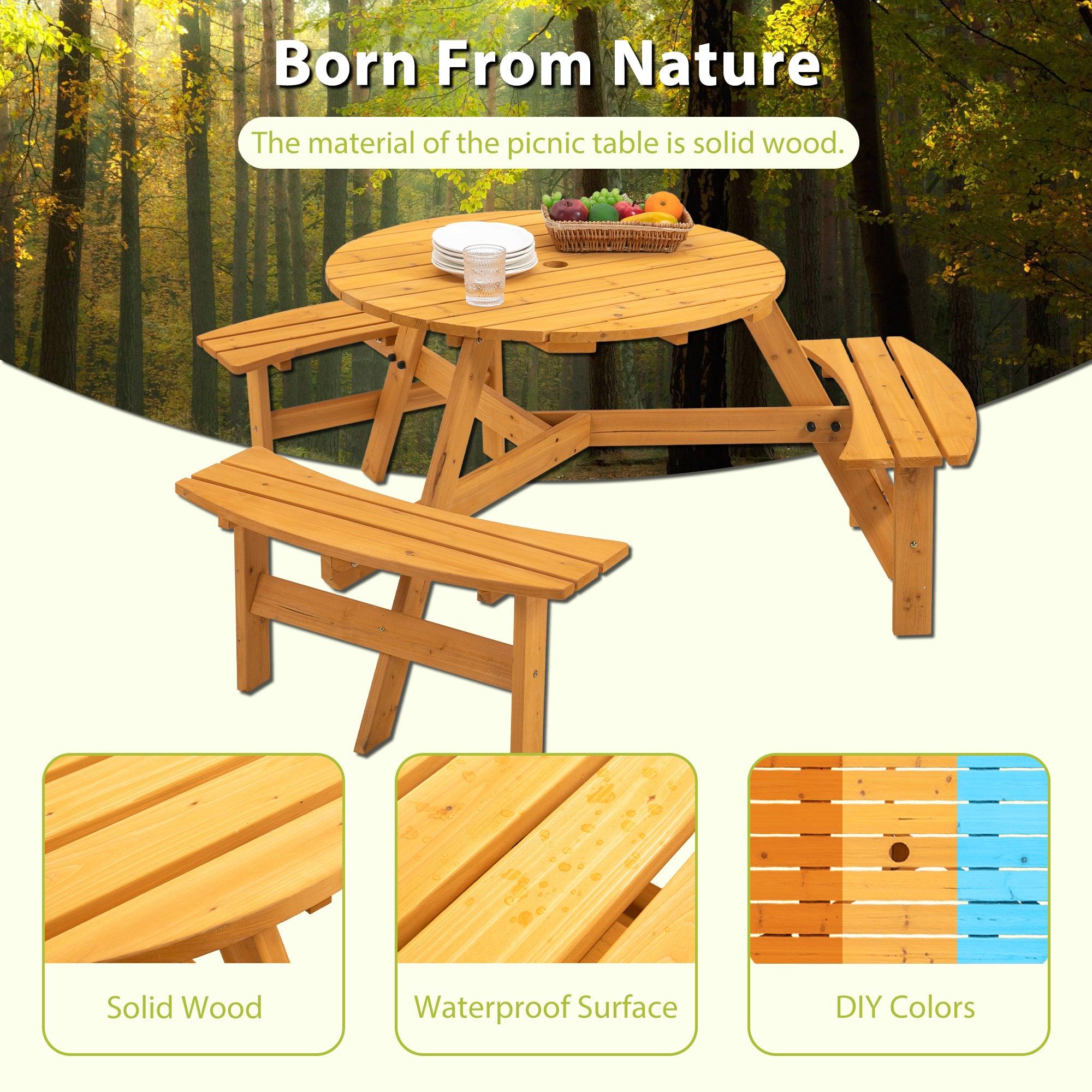 6-Person Circular Outdoor Wooden Picnic Table with 3 Built-in Benches - Natural