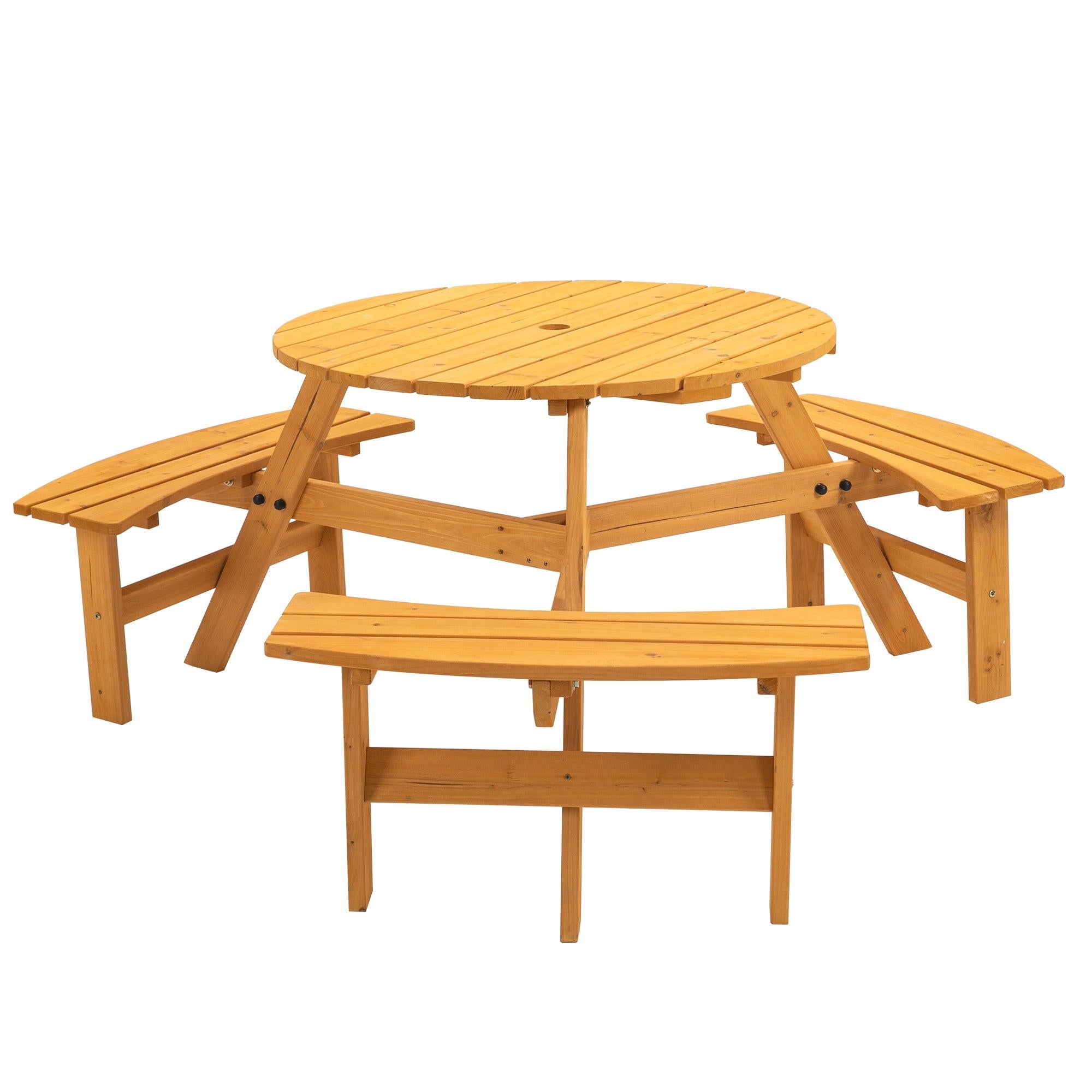 6-Person Circular Outdoor Wooden Picnic Table with 3 Built-in Benches - Natural