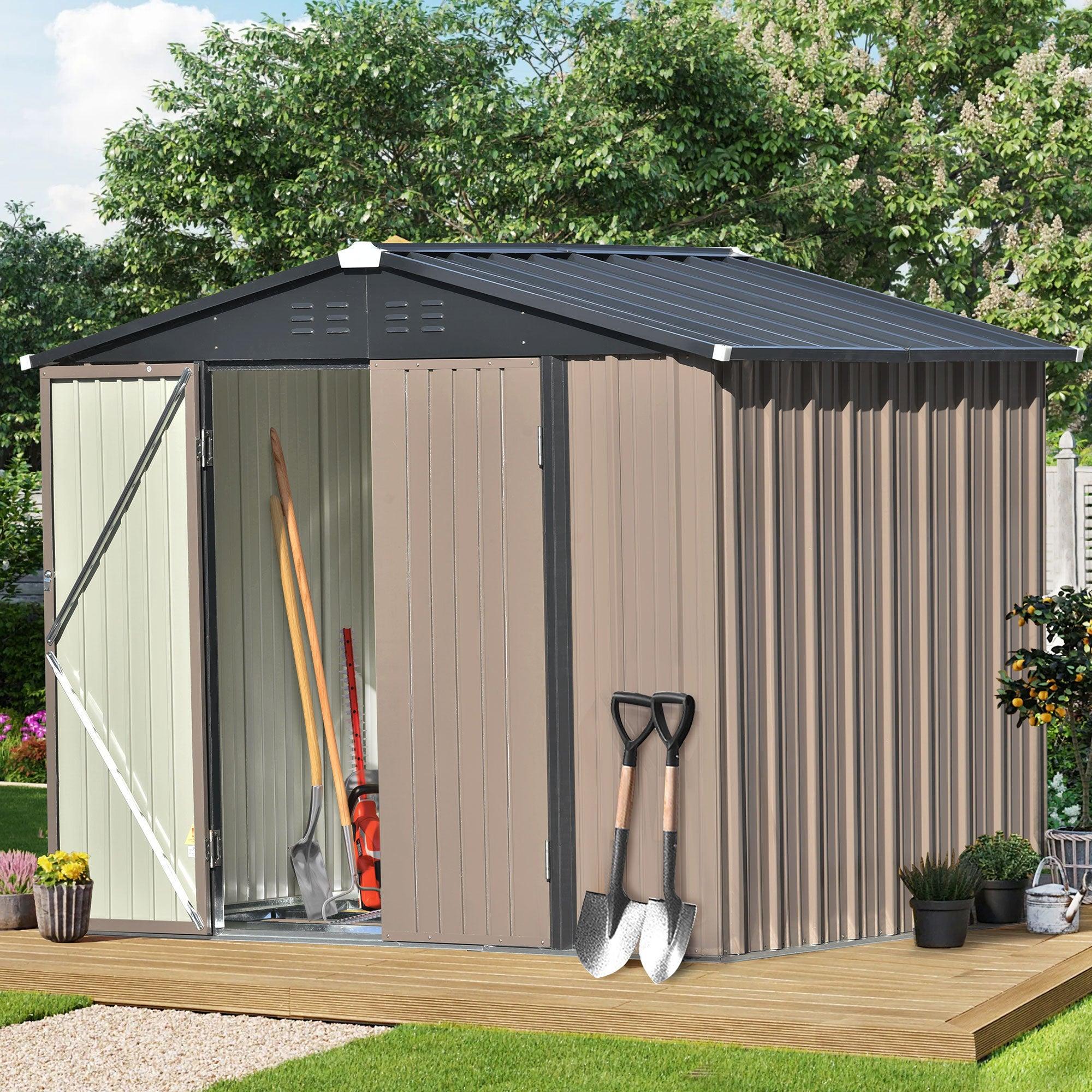 8ft x 6ft Outdoor Garden Metal Lean-to Shed with Lockable Doors - Brown image