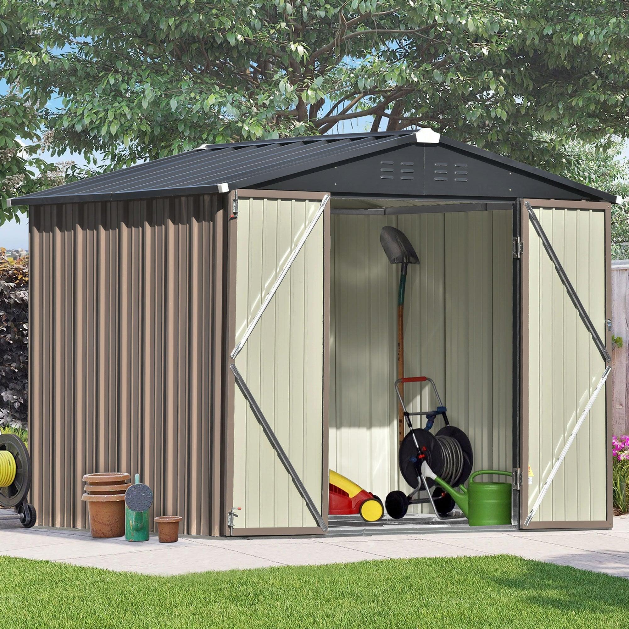 8ft x 6ft Outdoor Garden Metal Lean-to Shed with Lockable Doors - Brown