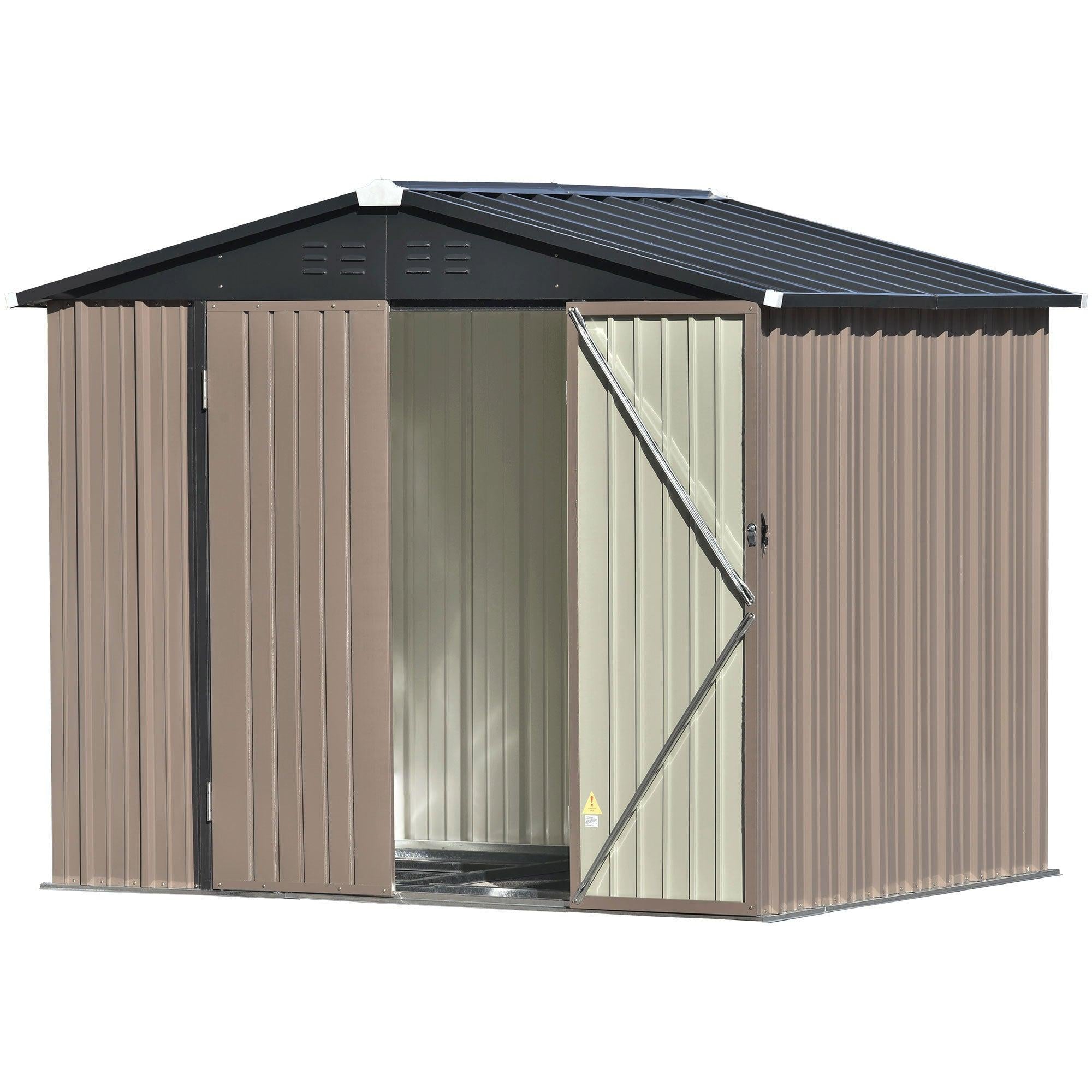 8ft x 6ft Outdoor Garden Metal Lean-to Shed with Lockable Doors - Brown