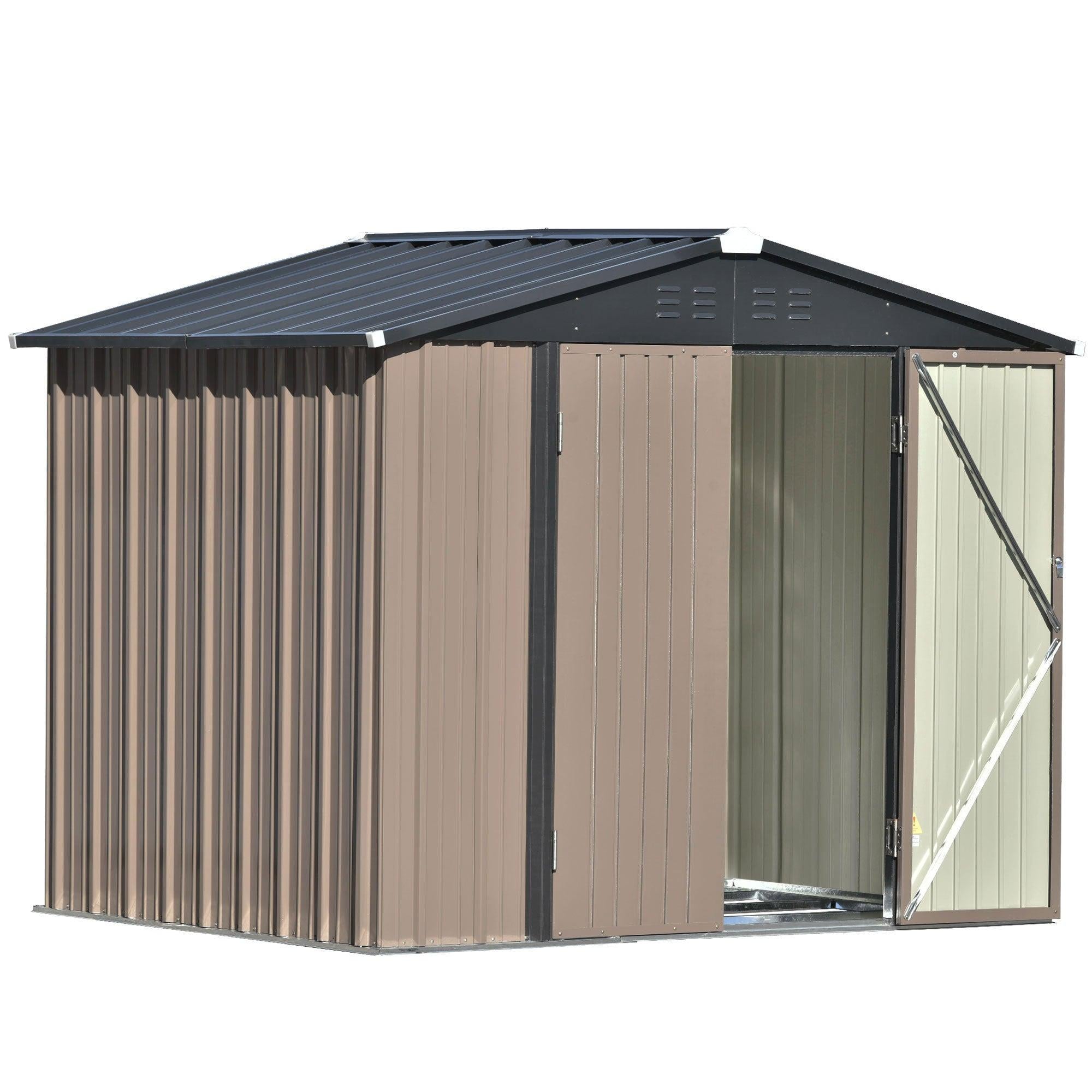 8ft x 6ft Outdoor Garden Metal Lean-to Shed with Lockable Doors - Brown