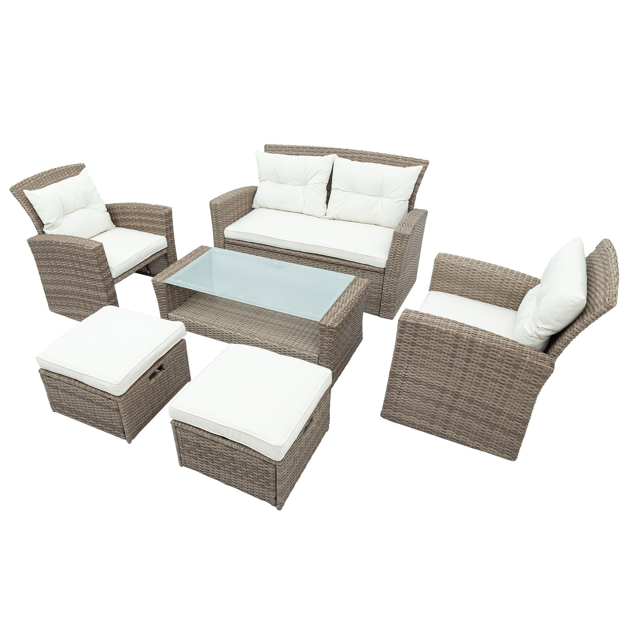 4 PCS Outdoor All Weather Wicker Rattan Patio Furniture Set with Ottoman and Beige Cushions