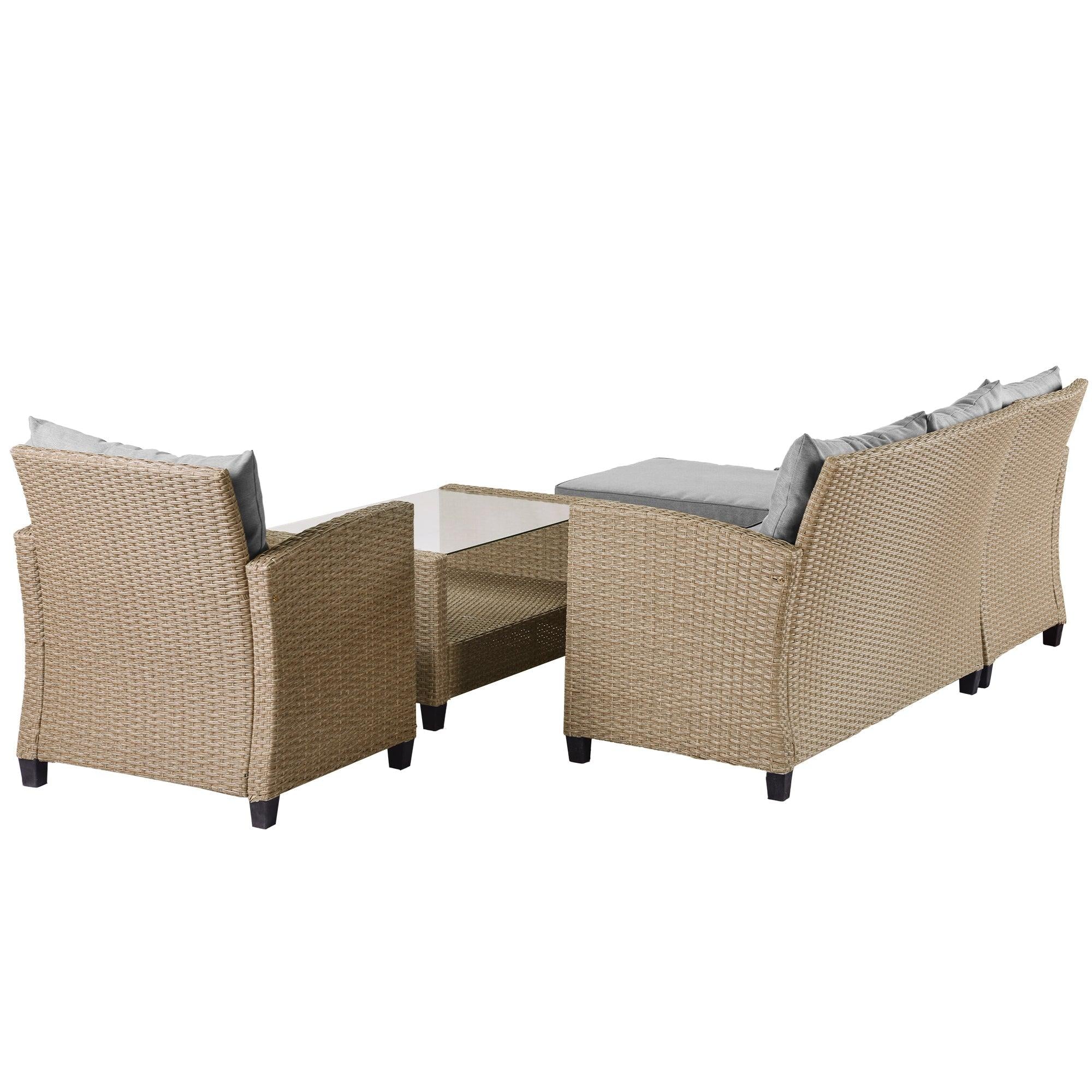 Outdoor, Patio Furniture Sets, 4 PCS Conversation Set Wicker Ratten Sectional Sofa with Seat Cushions(Beige Brown)