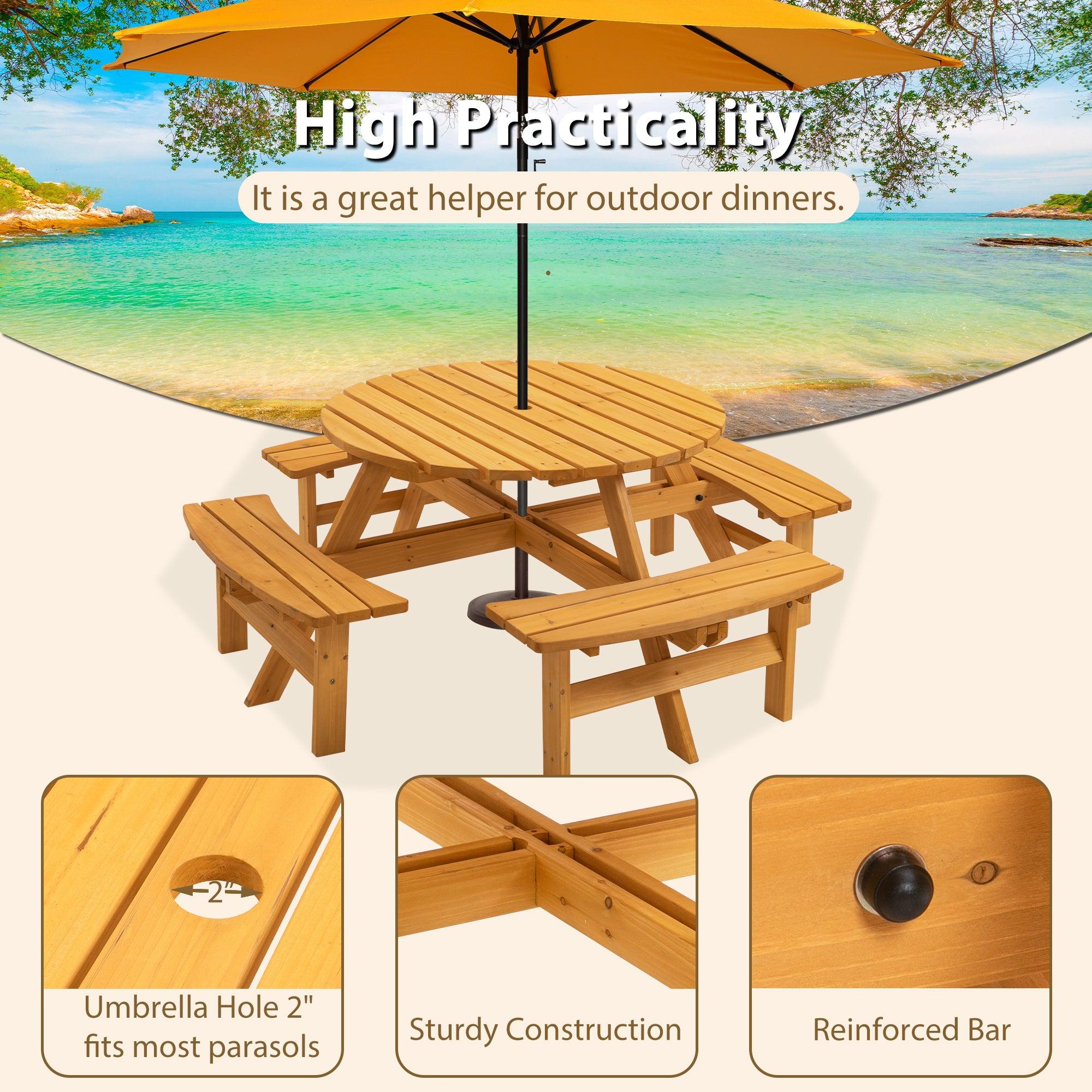 6-Person Circular Outdoor Wooden Picnic Table with 4 Built-in Benches - Natural