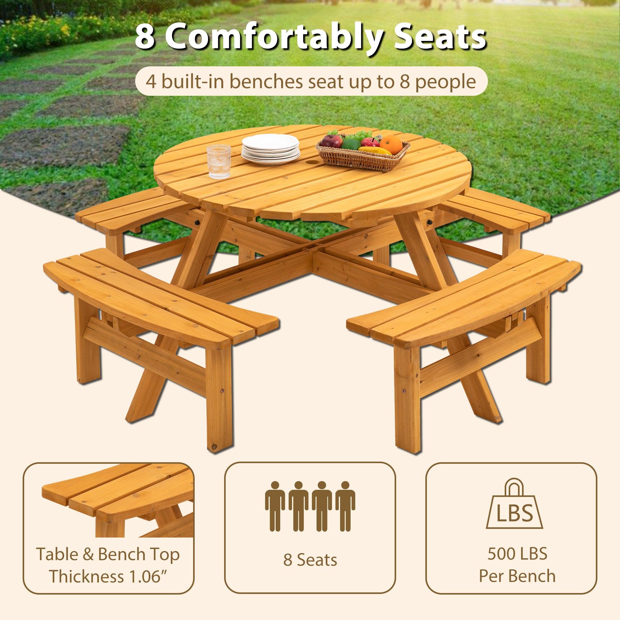 6-Person Circular Outdoor Wooden Picnic Table with 4 Built-in Benches - Natural