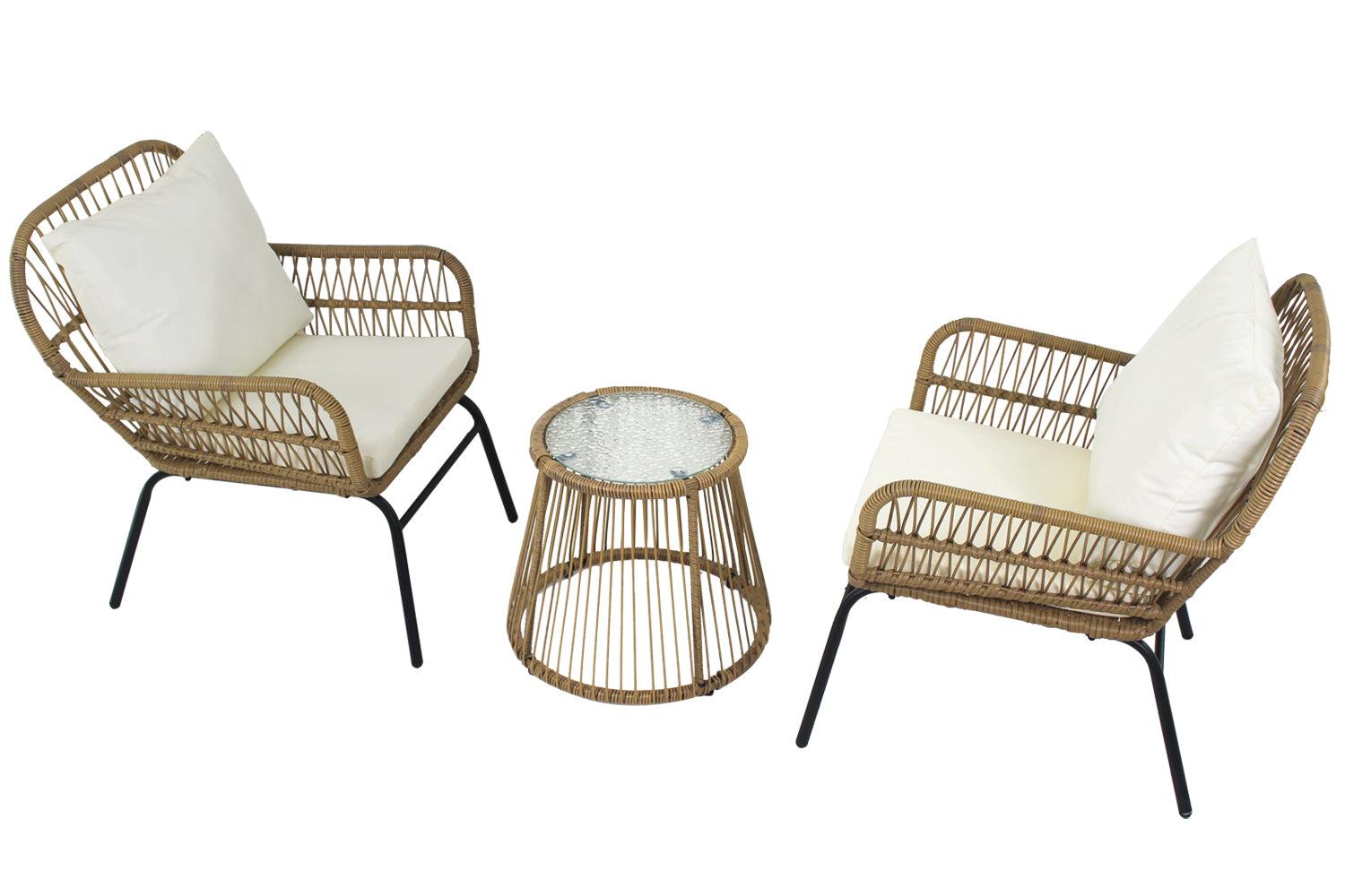 3 PCS Outdoor Patio Balcony Natural Color Wicker Chair Set with Beige Cushion and Round Tempered Glass Table(New)