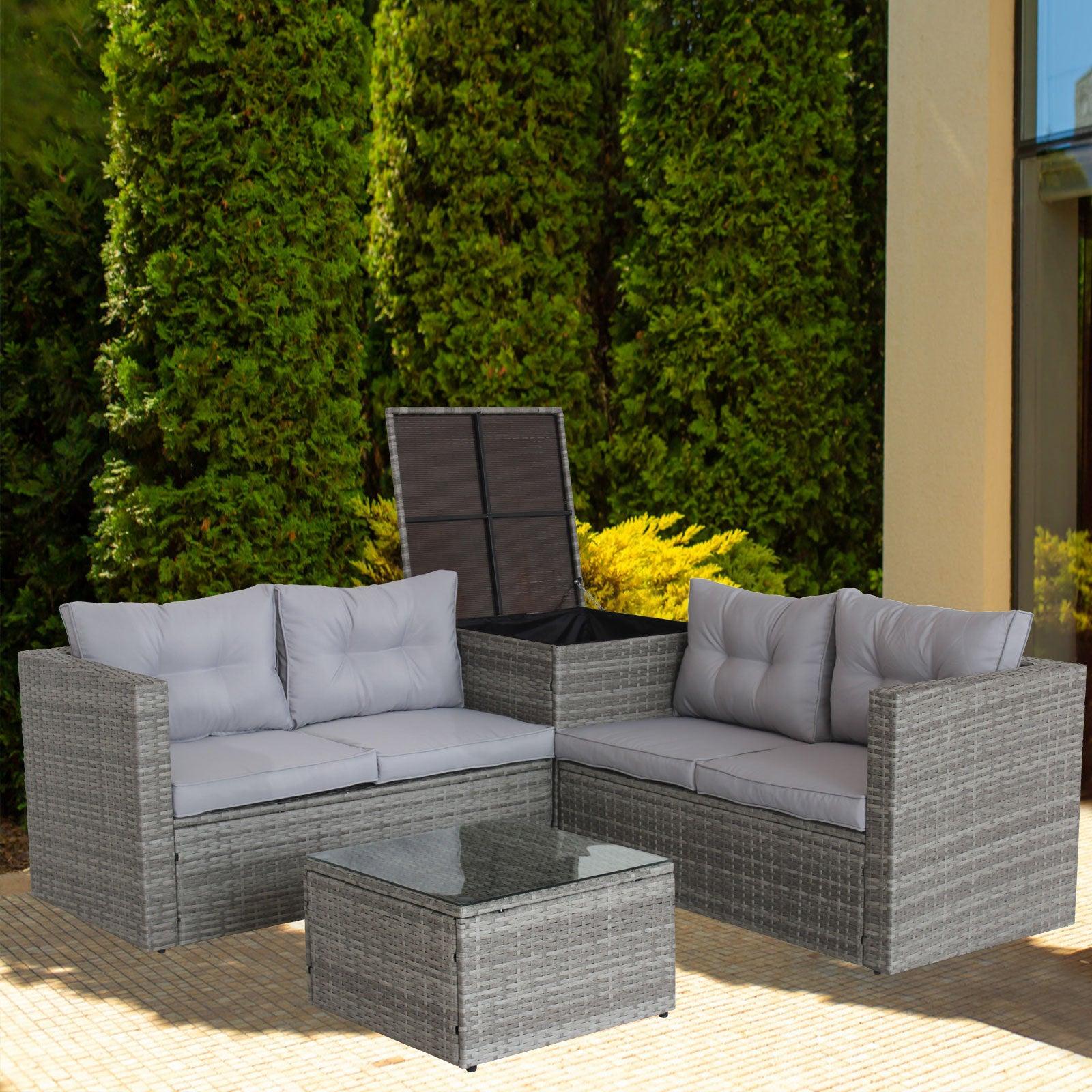 4 PCS Patio Sectional Wicker Rattan Outdoor Furniture Sofa Set withStorage Box Grey