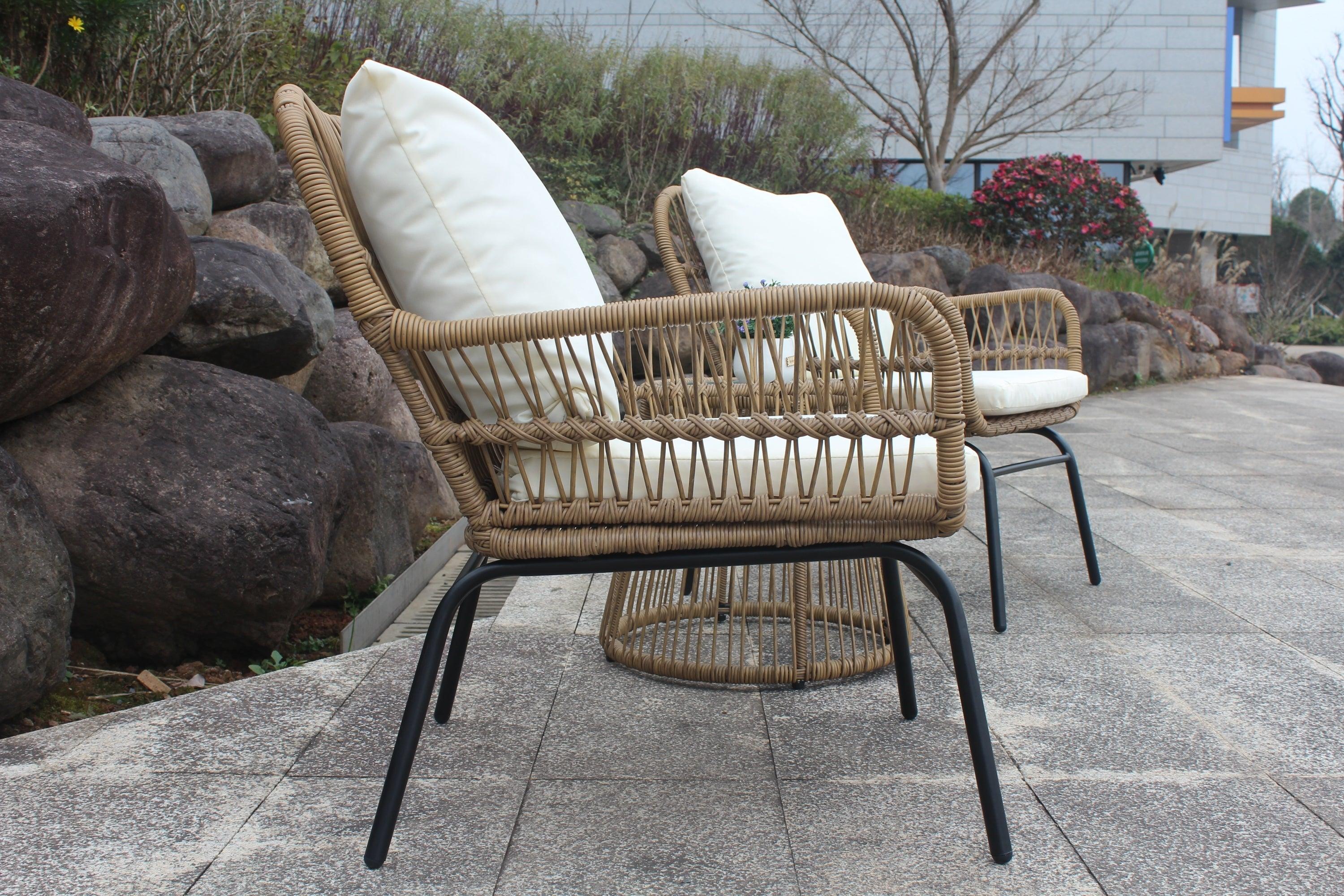 3 PCS Outdoor Patio Balcony Natural Color Wicker Chair Set with Beige Cushion and Round Tempered Glass Table(New)