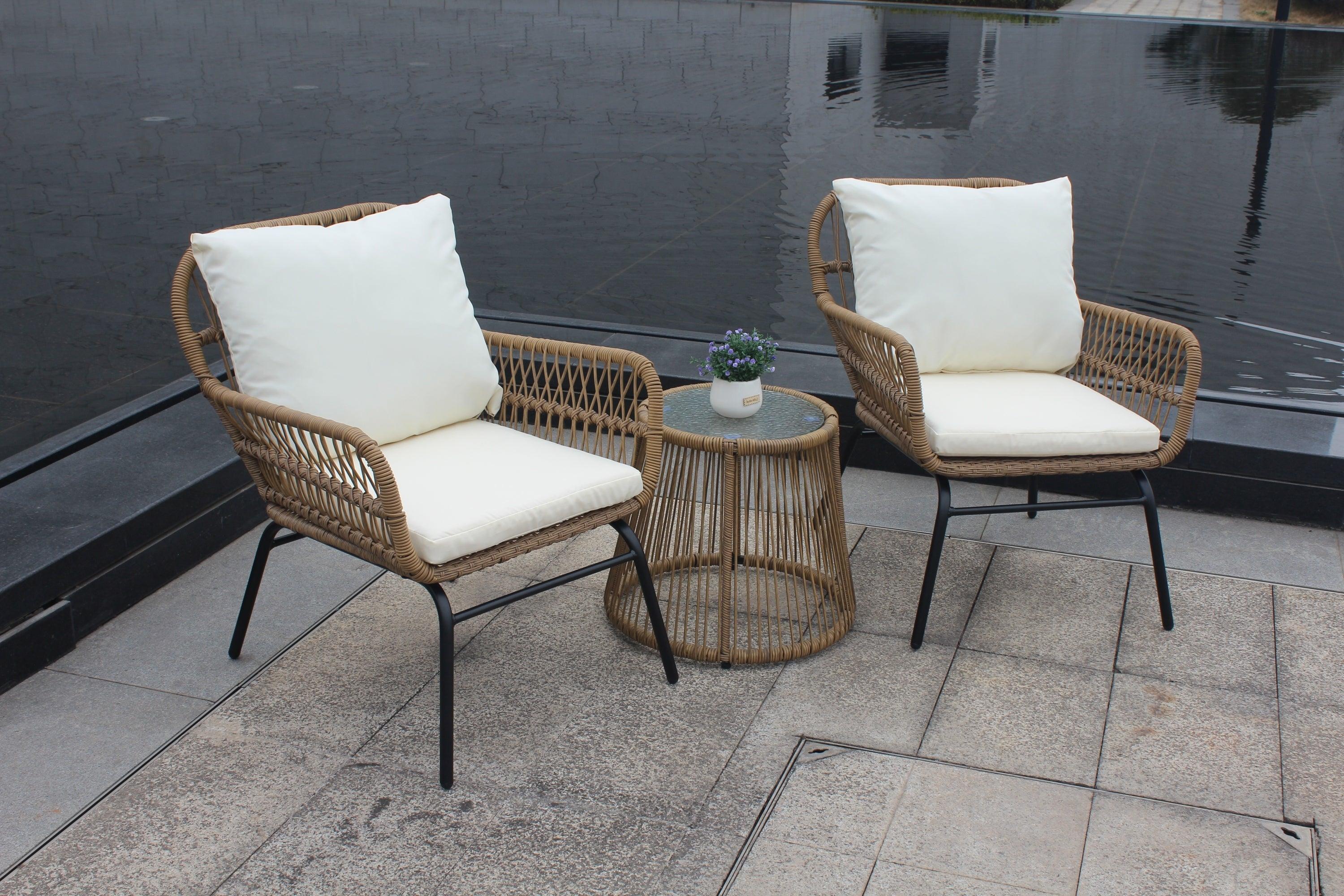 3 PCS Outdoor Patio Balcony Natural Color Wicker Chair Set with Beige Cushion and Round Tempered Glass Table(New)