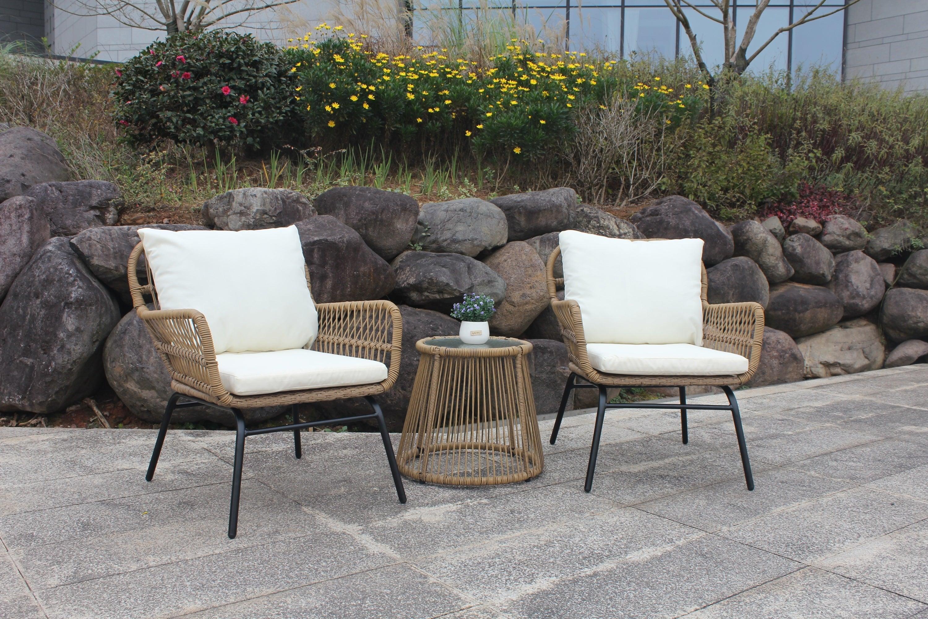 3 PCS Outdoor Patio Balcony Natural Color Wicker Chair Set with Beige Cushion and Round Tempered Glass Table(New)