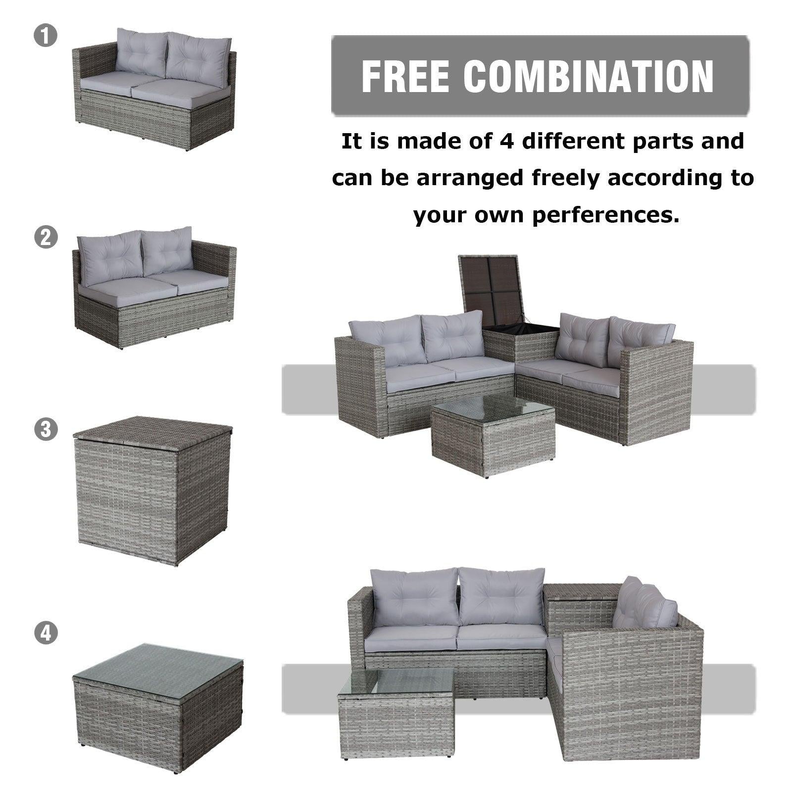 4 PCS Patio Sectional Wicker Rattan Outdoor Furniture Sofa Set withStorage Box Grey