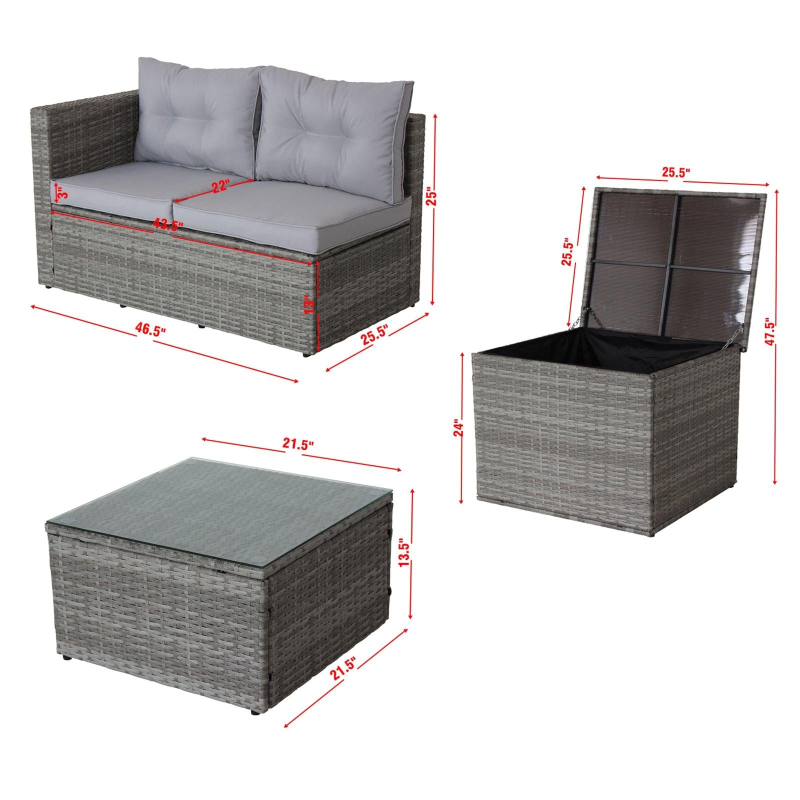 4 PCS Patio Sectional Wicker Rattan Outdoor Furniture Sofa Set withStorage Box Grey