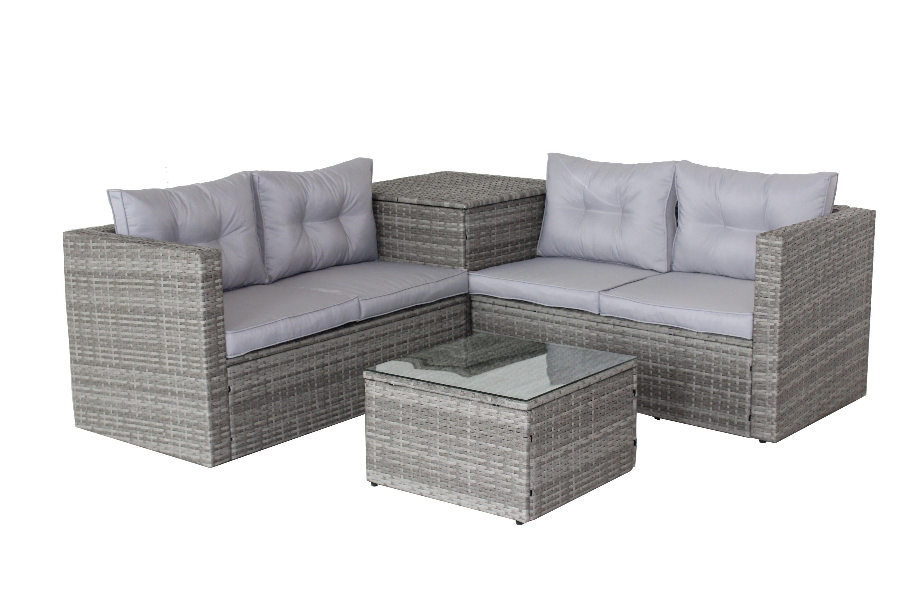 4 PCS Patio Sectional Wicker Rattan Outdoor Furniture Sofa Set withStorage Box Grey