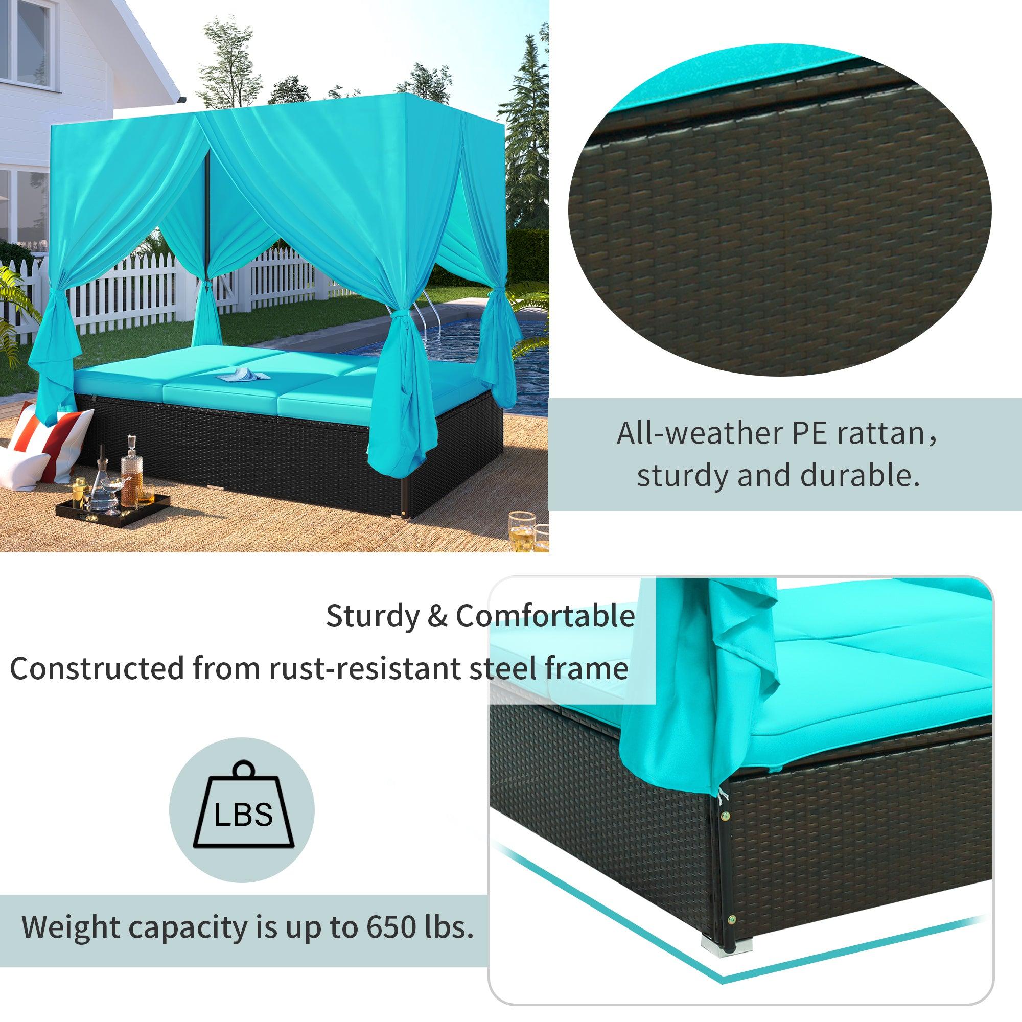 Outdoor Patio Wicker Sunbed Daybed with Cushions and Adjustable Seats - Blue Cushions