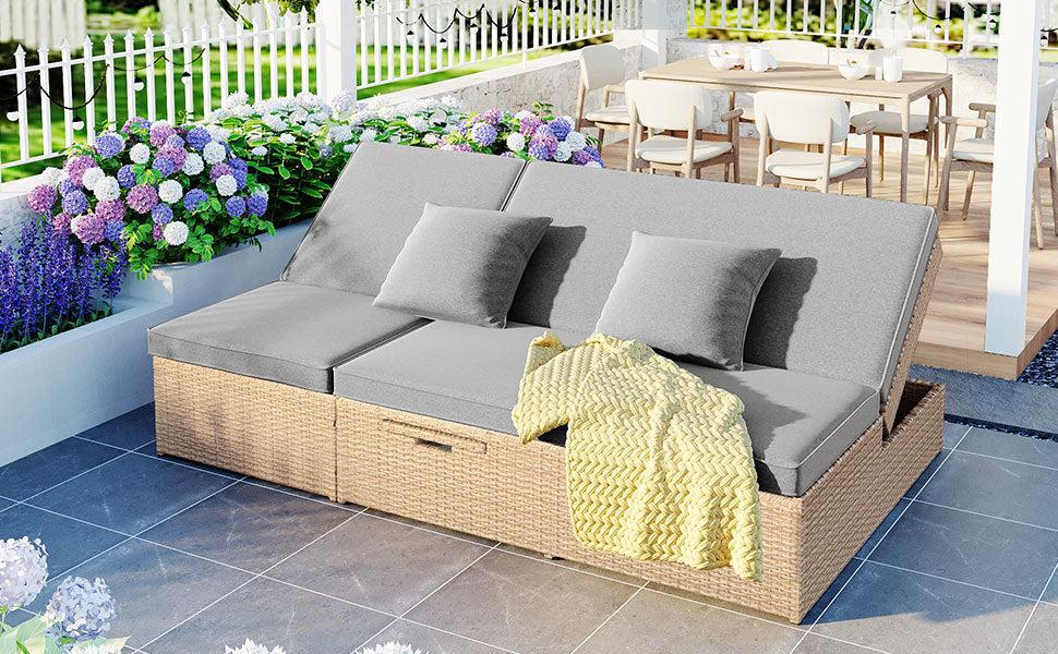 Outdoor Double Sunbed, Wicker Rattan Patio Reclining Chairs with Adjustable Backrest and Seat, Conversational Set for 2 Person, Brown