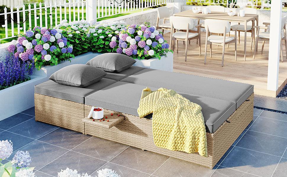 Outdoor Double Sunbed, Wicker Rattan Patio Reclining Chairs with Adjustable Backrest and Seat, Conversational Set for 2 Person, Brown