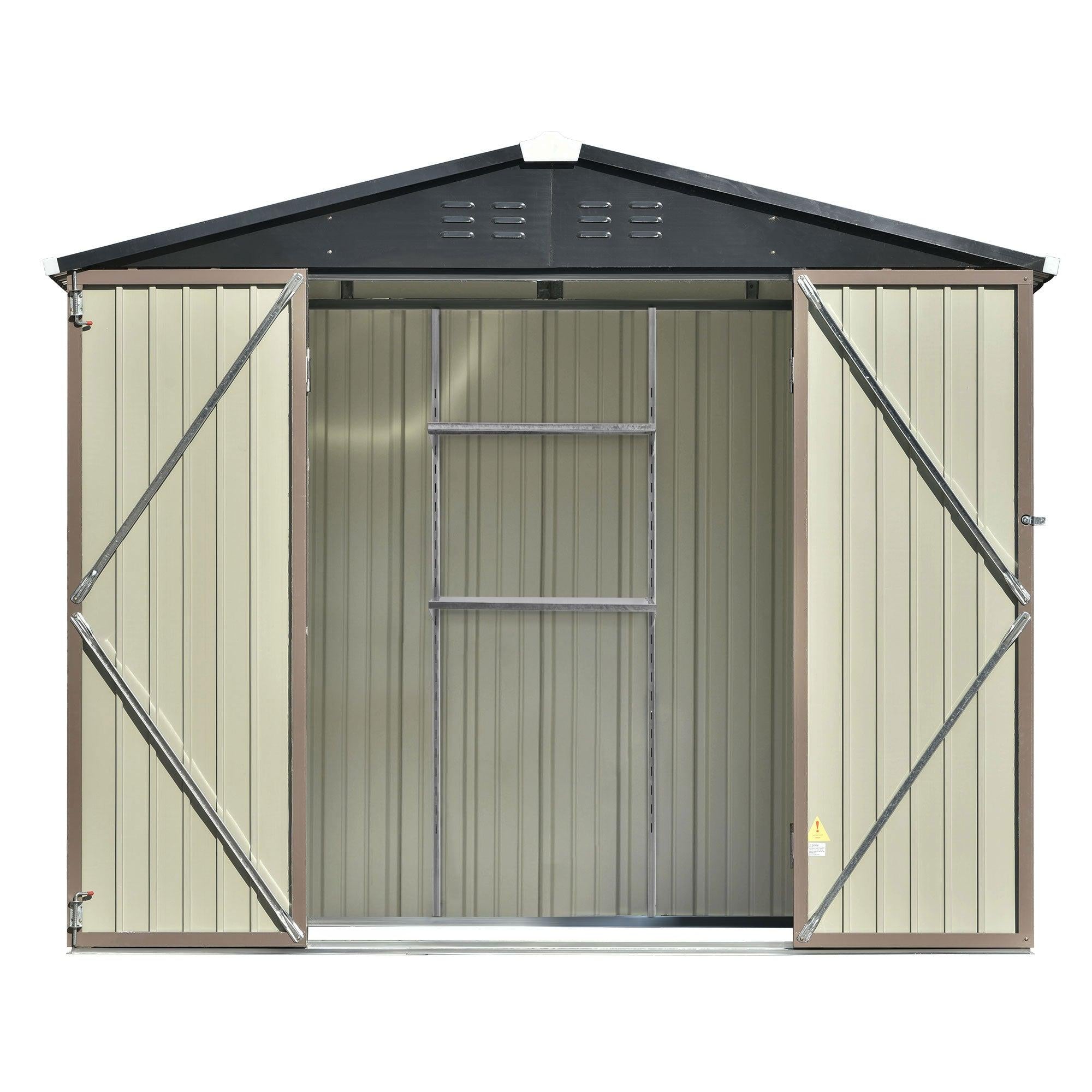 8ft x 6ft Outdoor Garden Lean-to Shed with Metal Adjustable Shelf and Lockable Doors - Brown