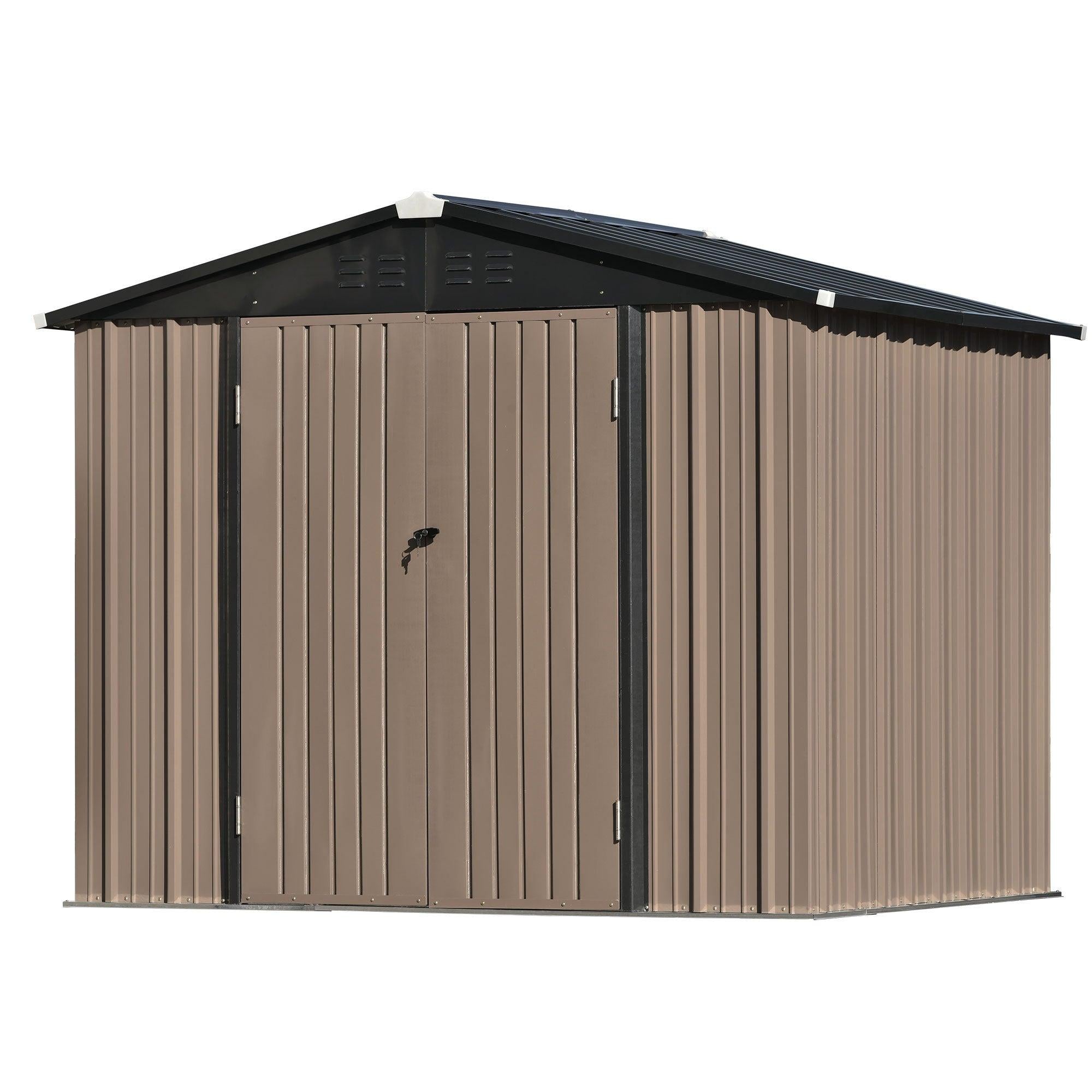 8ft x 6ft Outdoor Garden Metal Lean-to Shed with Lockable Doors - Brown