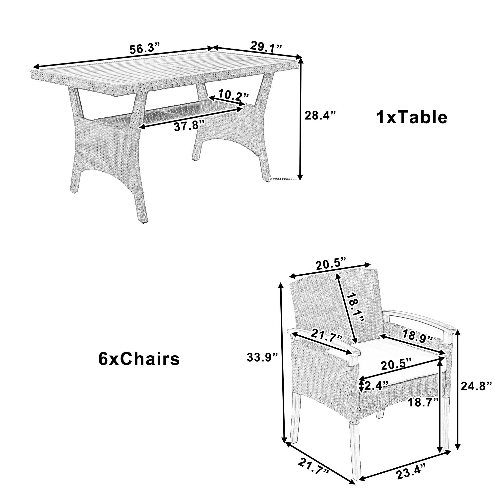 Outdoor Patio 7 PCS Dining Table Set All Weather PE Rattan Dining Set with Wood Tabletop and Cushions for 6, White