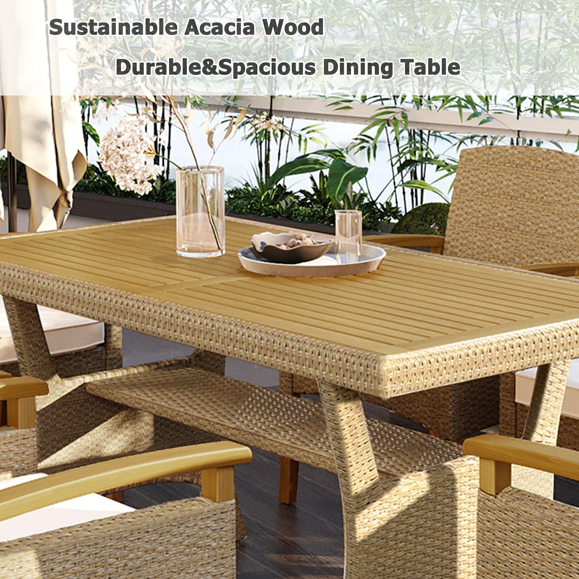 Outdoor Patio 7 PCS Dining Table Set All Weather PE Rattan Dining Set with Wood Tabletop and Cushions for 6, White