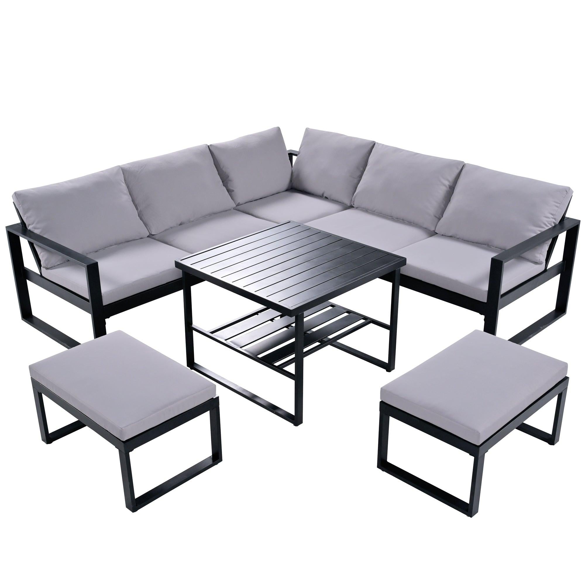 Industrial Style Outdoor Sofa Combination Set With 2 Love Sofa,1 Single Sofa,1 Table,2 Bench