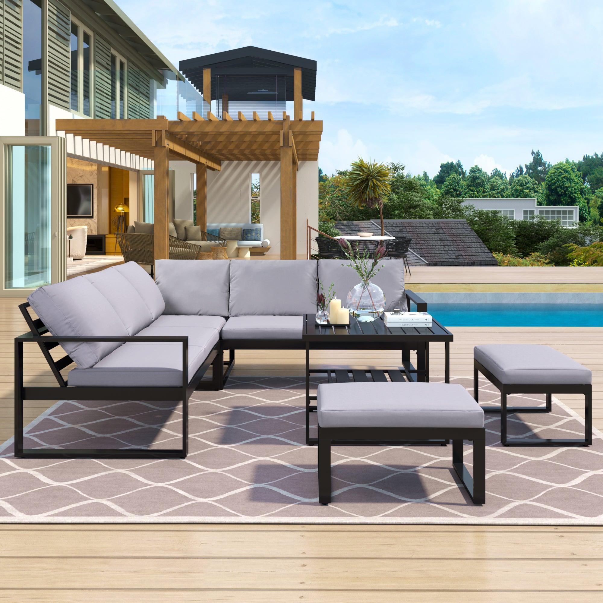 Industrial Style Outdoor Sofa Combination Set With 2 Love Sofa,1 Single Sofa,1 Table,2 Bench