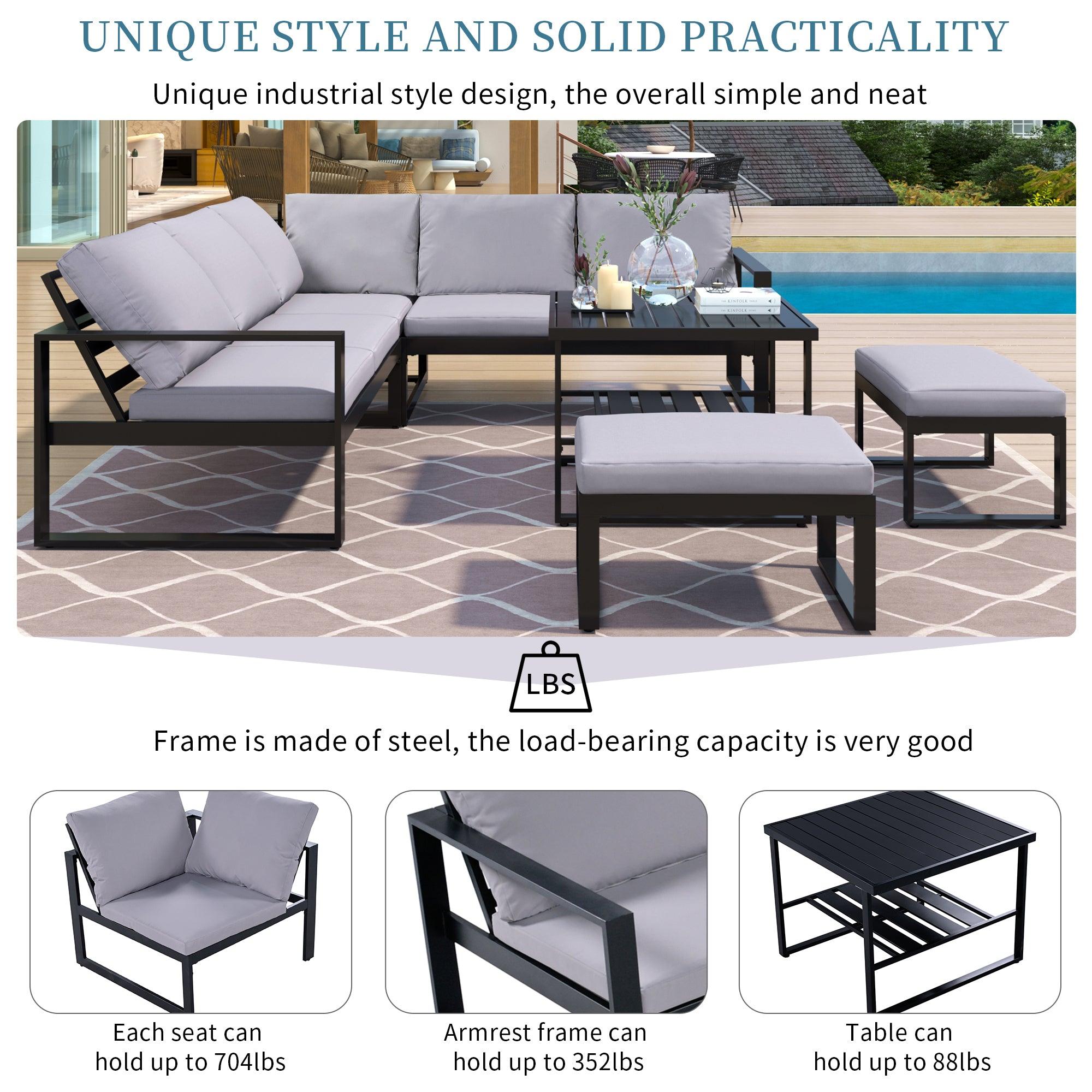 Industrial Style Outdoor Sofa Combination Set With 2 Love Sofa,1 Single Sofa,1 Table,2 Bench