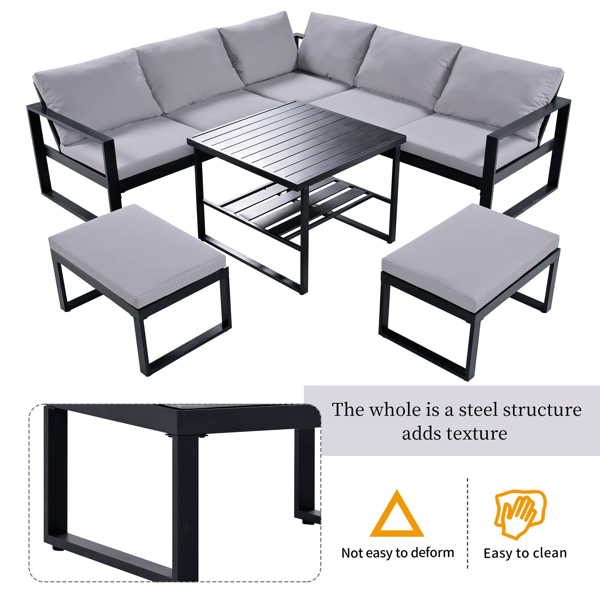 Industrial Style Outdoor Sofa Combination Set With 2 Love Sofa,1 Single Sofa,1 Table,2 Bench