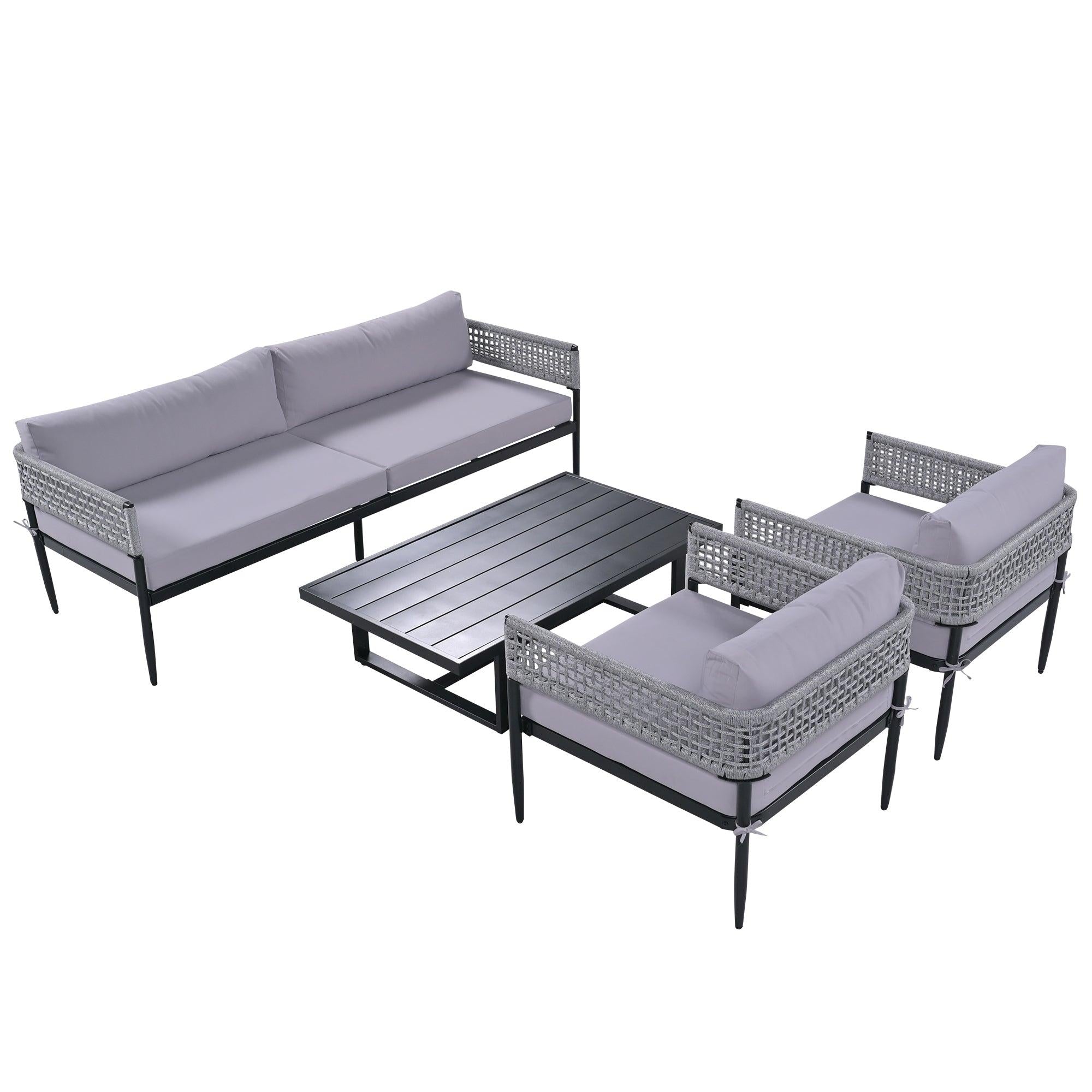 4 PCS Luxury Style Outdoor Seating Group with Gray Cushion And Woven Rope Styling