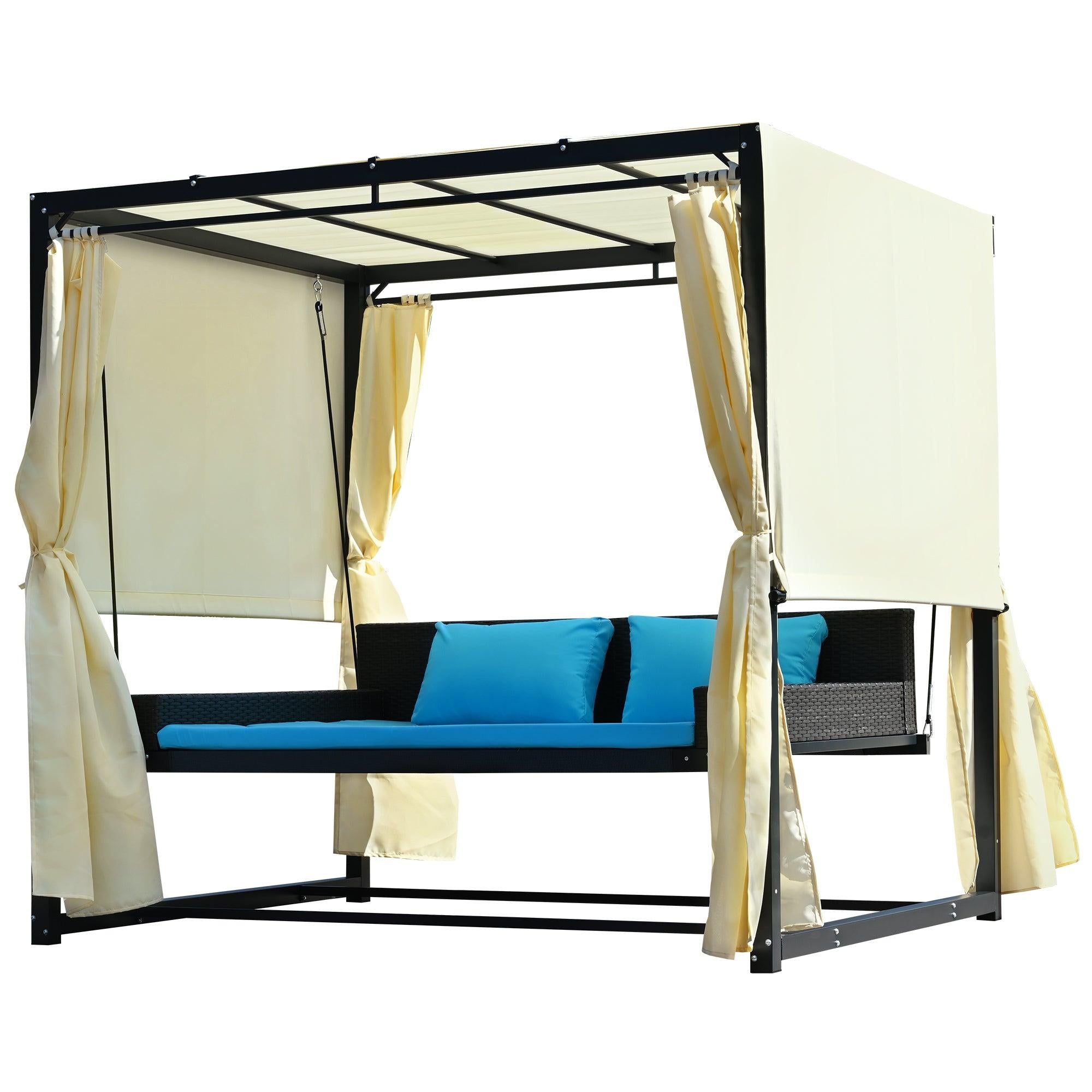 Outdoor Swing Bed with Beige Curtain and Blue Cushion