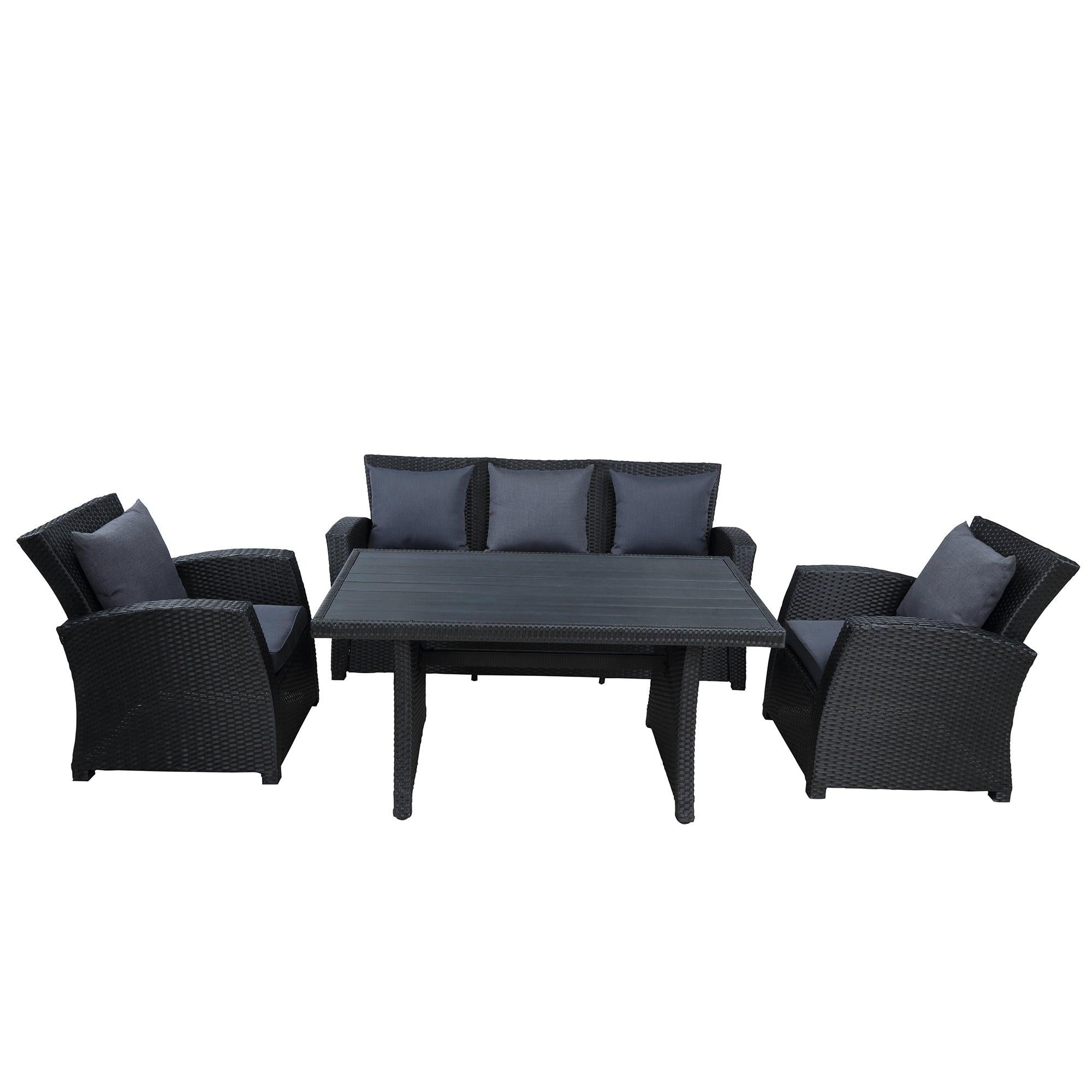 Outdoor Patio Furniture Set 4 PCS Conversation Set Black Wicker Furniture Sofa Set with Dark Grey Cushions