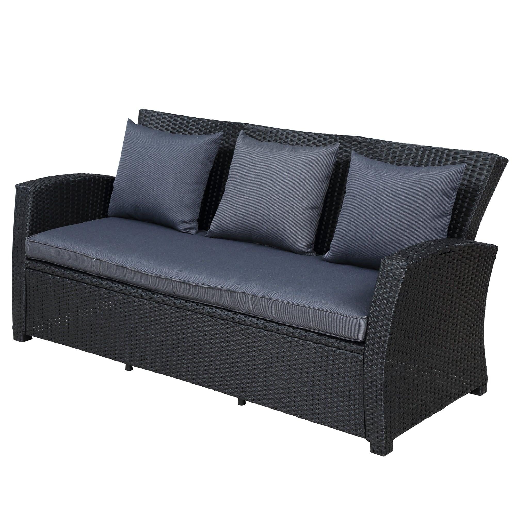 Outdoor Patio Furniture Set 4 PCS Conversation Set Black Wicker Furniture Sofa Set with Dark Grey Cushions