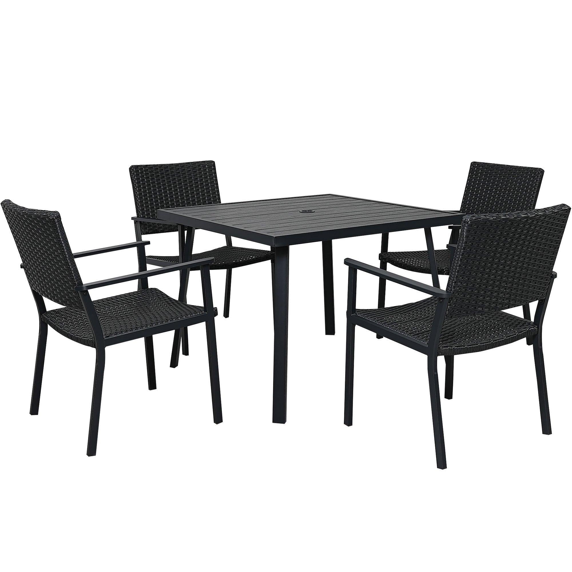 Outdoor Patio PE Wicker 5 PCS Dining Table Set with Umbrella Hole and 4 Dining Chairs for Garden, Deck,Black FrameandBlack Rattan