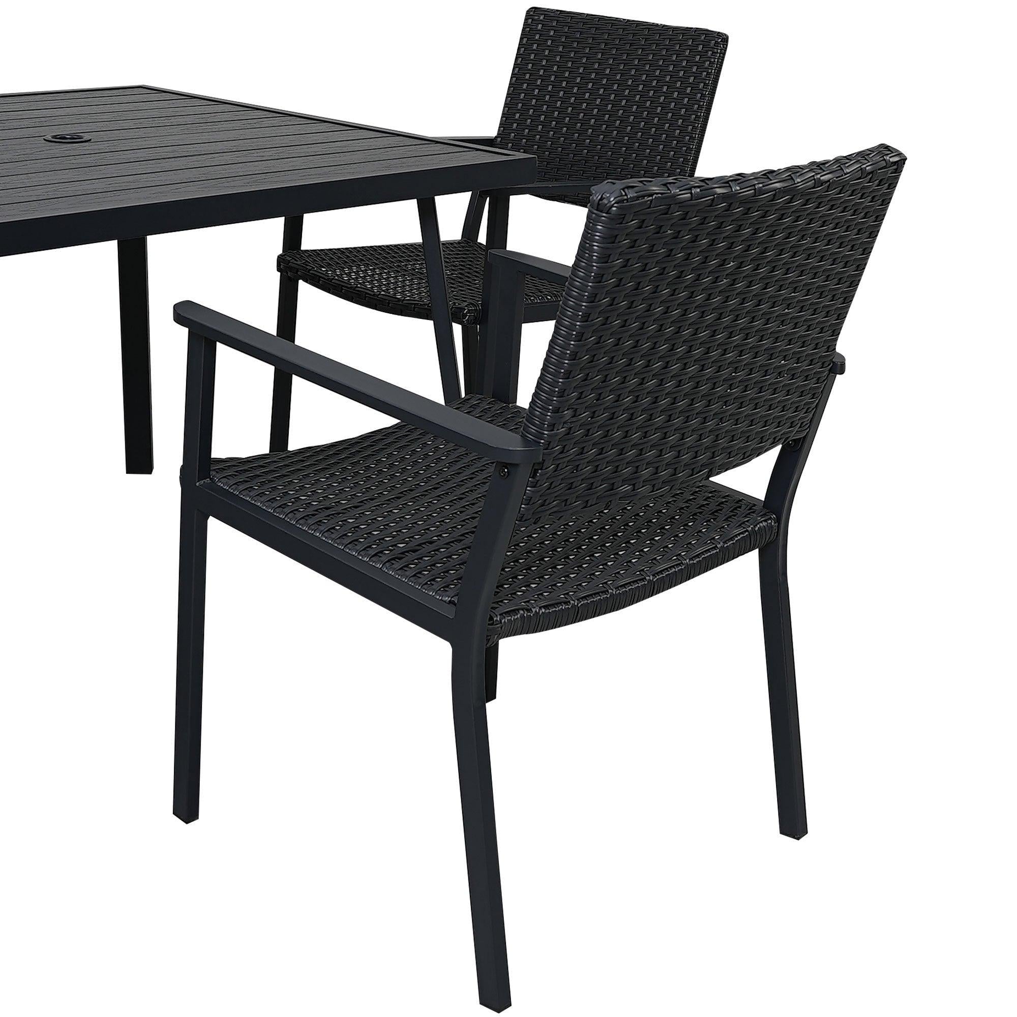 Outdoor Patio PE Wicker 5 PCS Dining Table Set with Umbrella Hole and 4 Dining Chairs for Garden, Deck,Black FrameandBlack Rattan