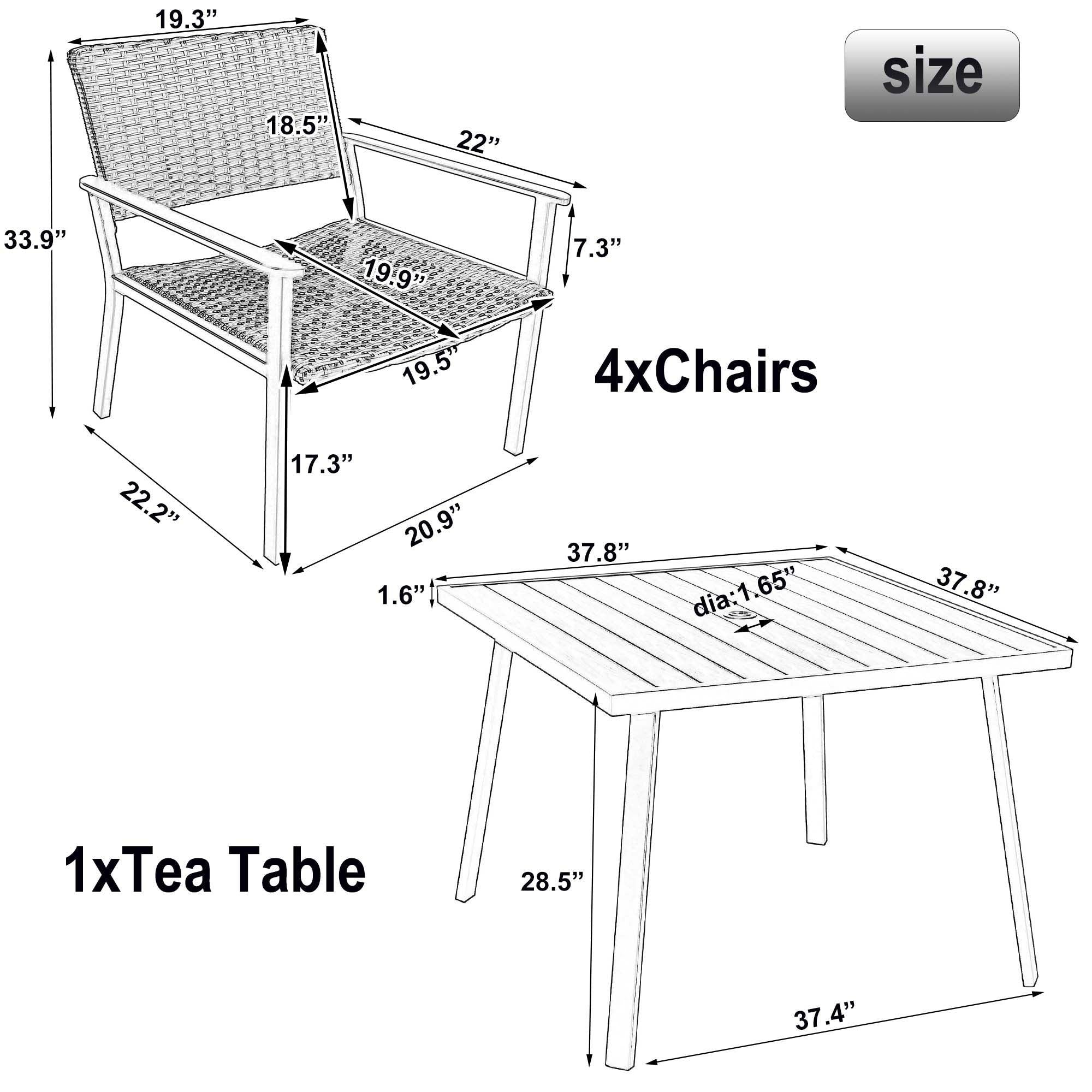 Outdoor Patio PE Wicker 5 PCS Dining Table Set with Umbrella Hole and 4 Dining Chairs for Garden, Deck,Black FrameandBlack Rattan