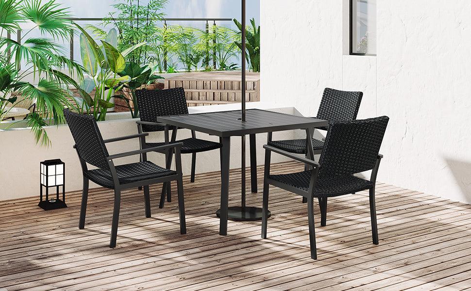 Outdoor Patio PE Wicker 5 PCS Dining Table Set with Umbrella Hole and 4 Dining Chairs for Garden, Deck,Black FrameandBlack Rattan